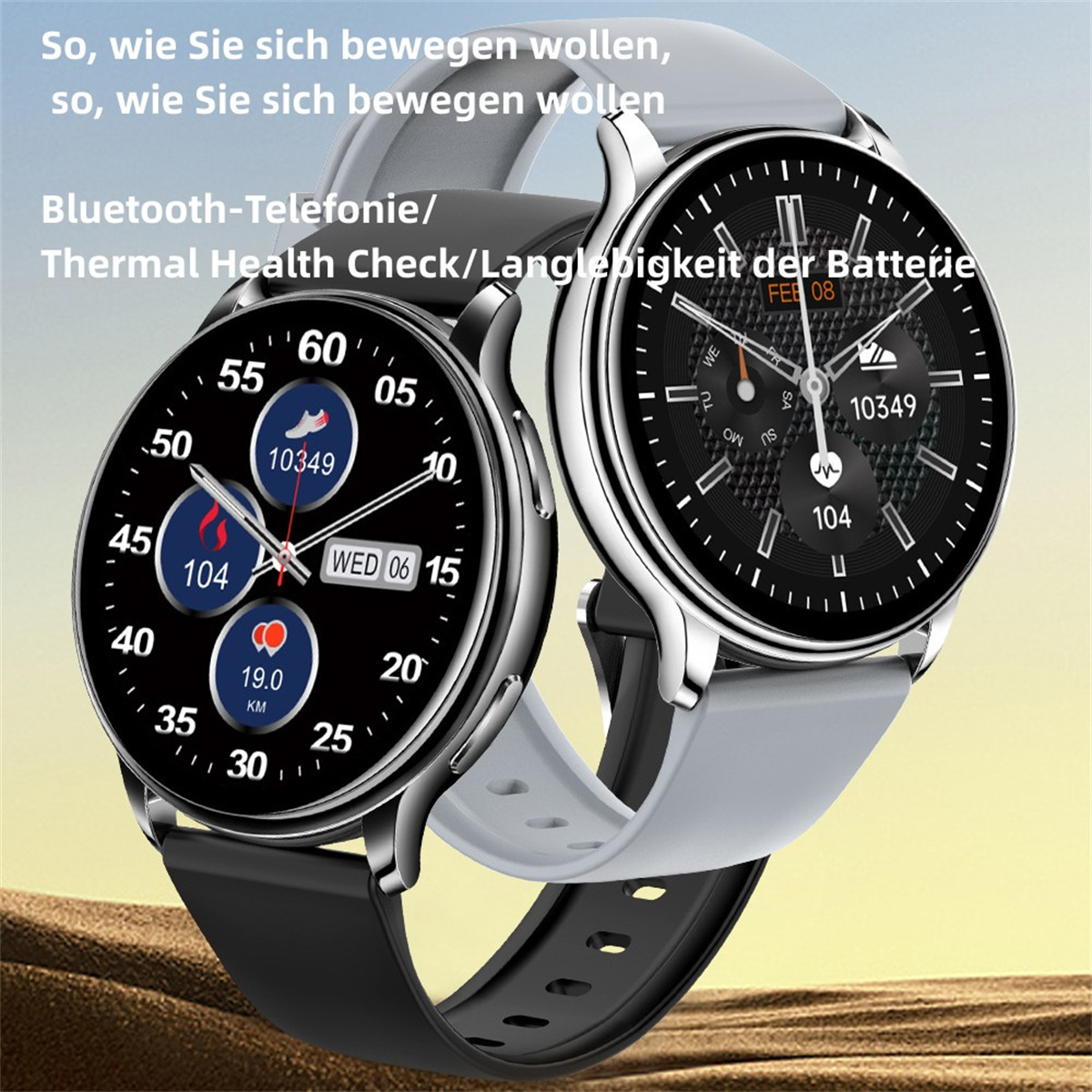 Zwei Smartwatches mit schwarzen und grauen Armbändern, die Zeit und Gesundheitsdaten anzeigen.