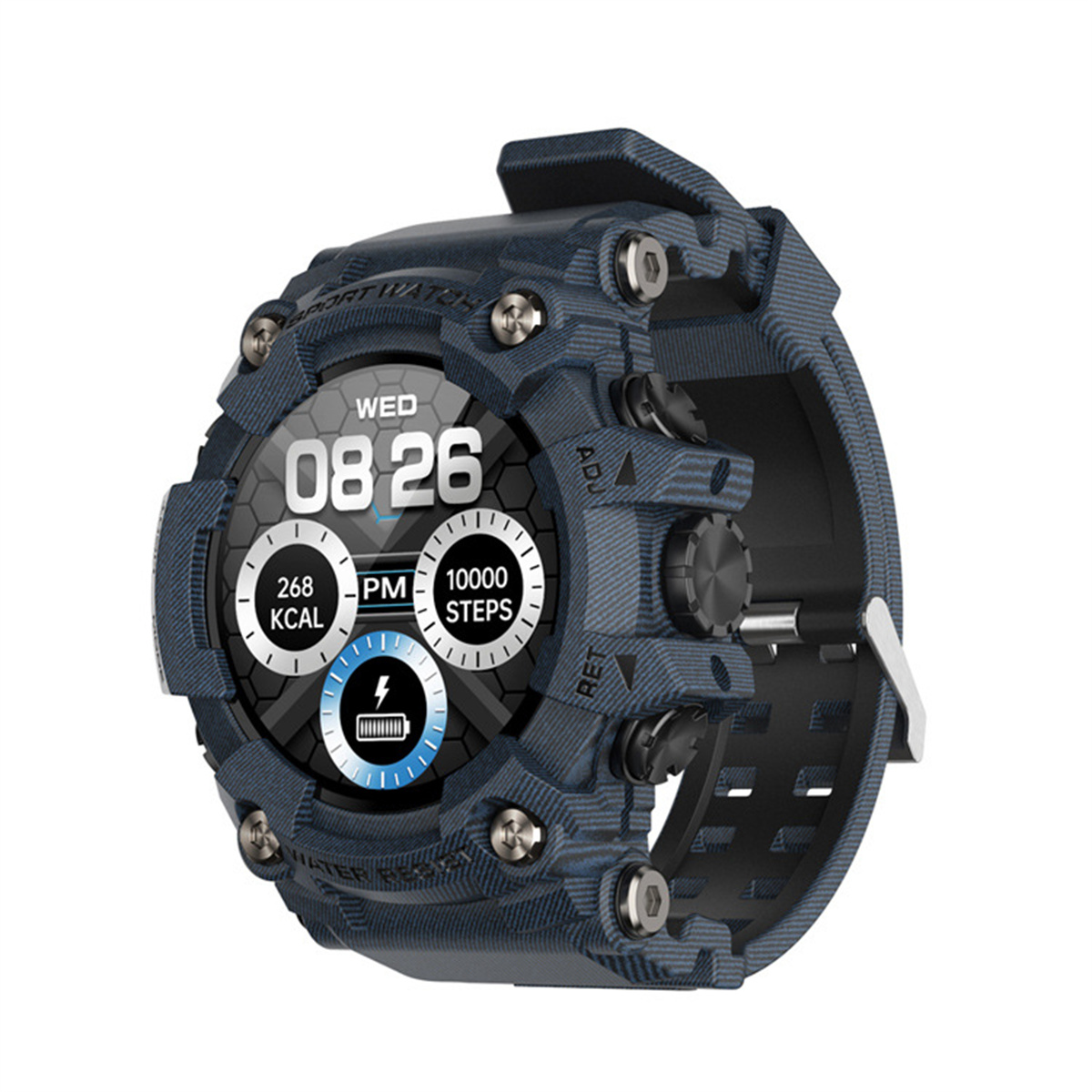 Eine blau-schwarze Smartwatch, die Zeit, Datum und Aktivitätsmetriken anzeigt. Die Uhr hat ein strukturiertes Armband.
