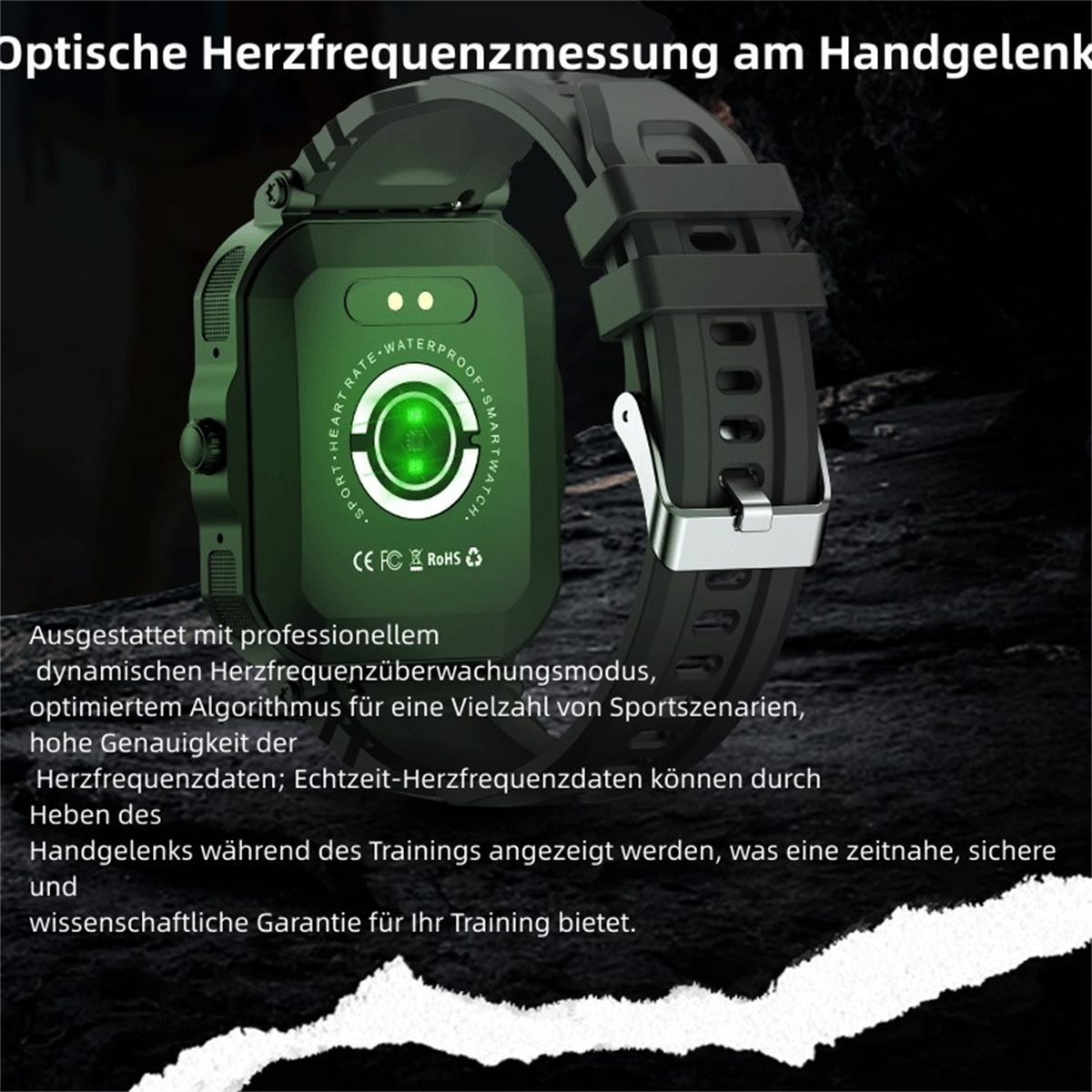 Eine Smartwatch mit grünem Display, schwarzem Armband und Text.