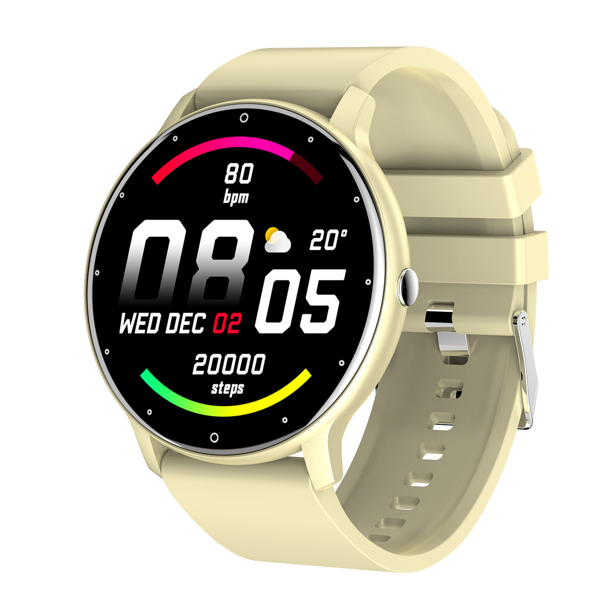 Reloj inteligente color crema con esfera redonda, que muestra la hora y estadísticas.