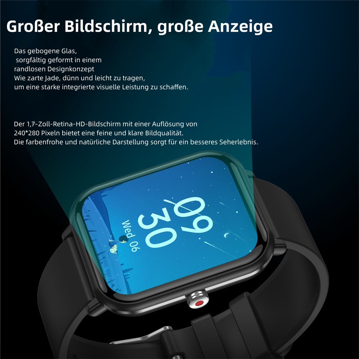 Smartwatch mit blauem Bildschirm mit Datum. Schwarzes Armband, schwarzer Hintergrund.