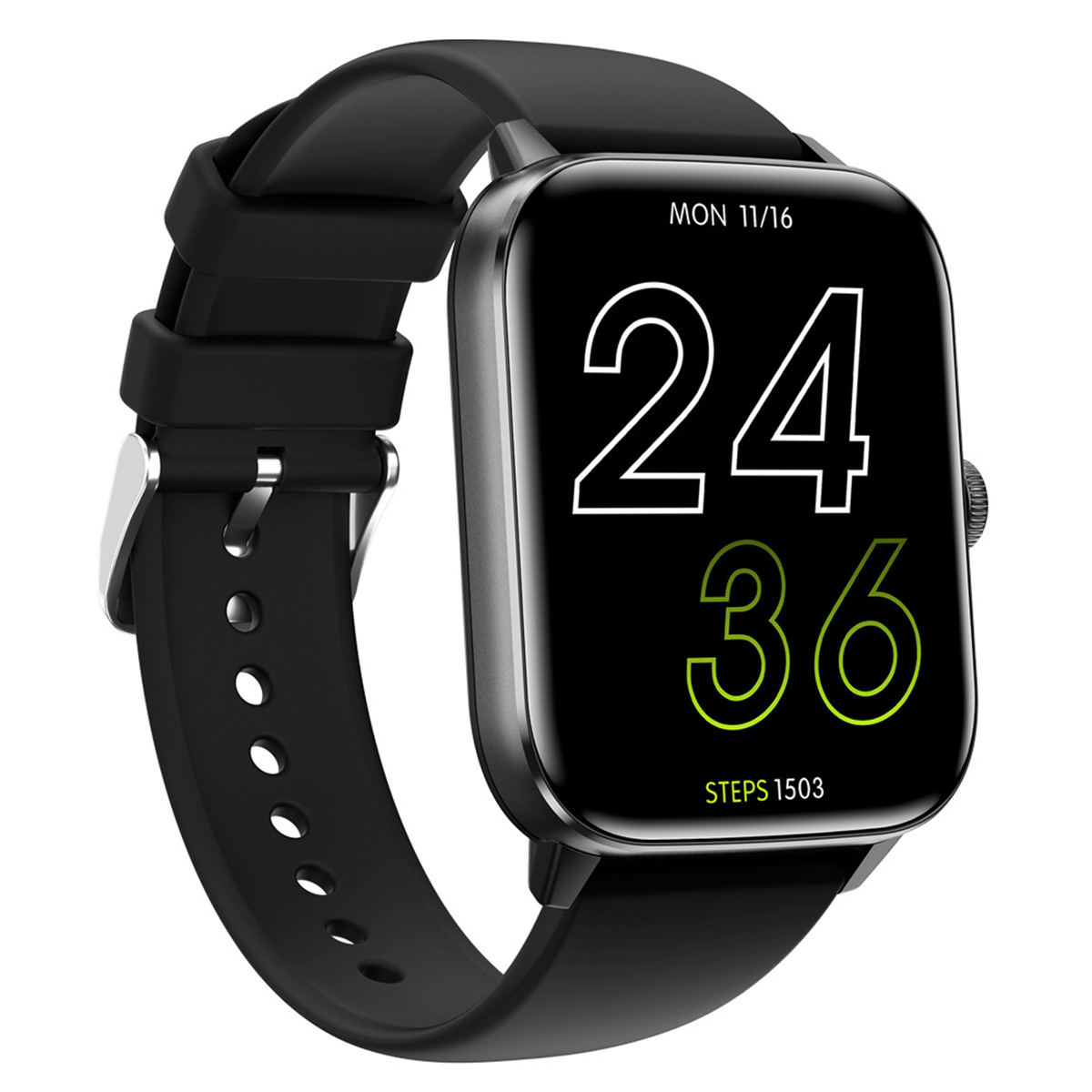 Schwarze Smartwatch mit schwarzem Armband zeigt Datum, Uhrzeit und Schritte an.