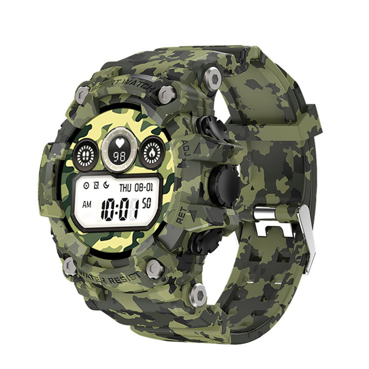 Eine grüne Camouflage-Uhr, die die Zeit anzeigt. Das Zifferblatt hat ein Camouflage-Muster, grünes Armband.