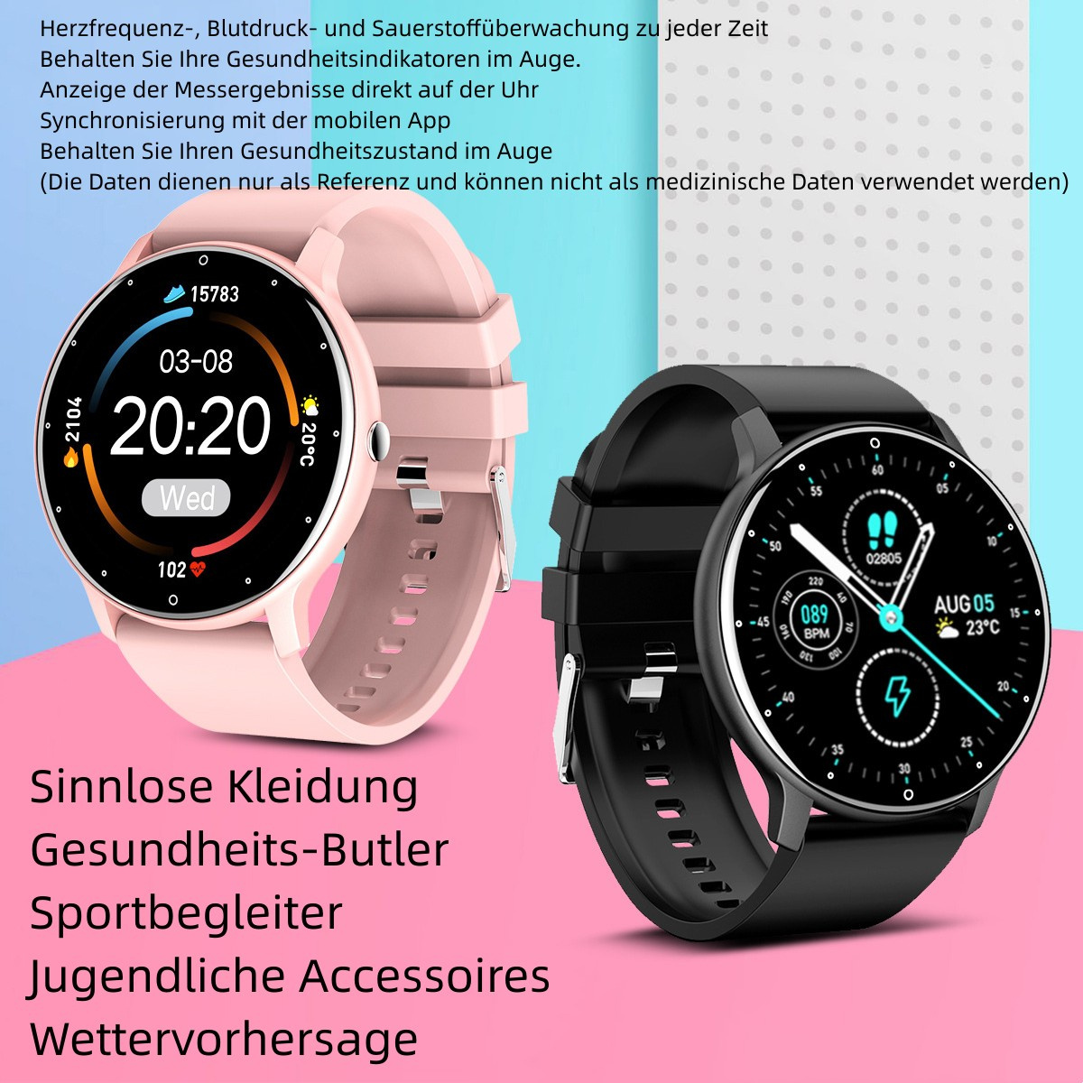 Dos smartwatches, uno rosa y otro negro, con diferentes pantallas.