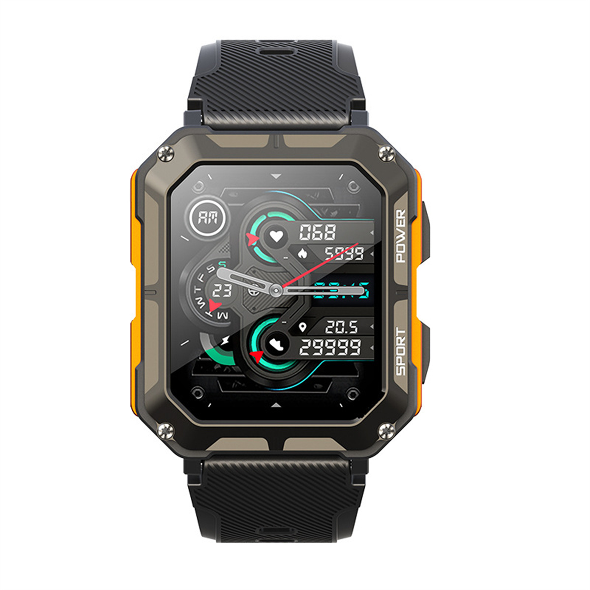 Smartwatch mit Fitnessdaten, schwarzem Armband und orangefarbenen Akzenten.