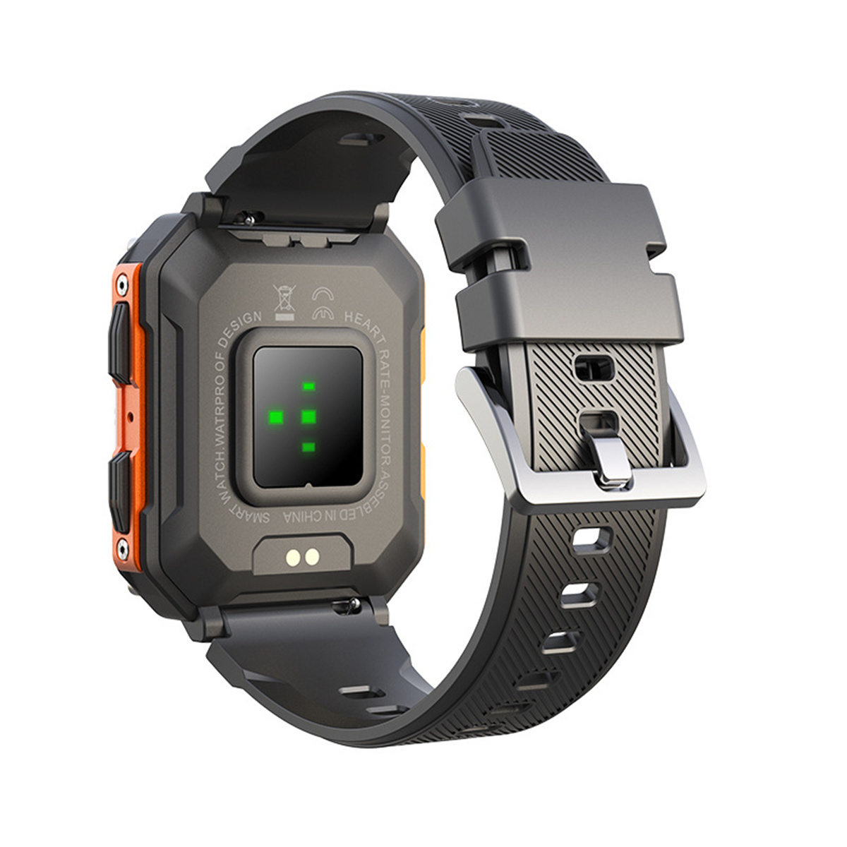 Schwarze Smartwatch mit orangefarbenen Akzenten. Die Rückseite zeigt einen Herzfrequenzsensor und ein schwarzes Band.