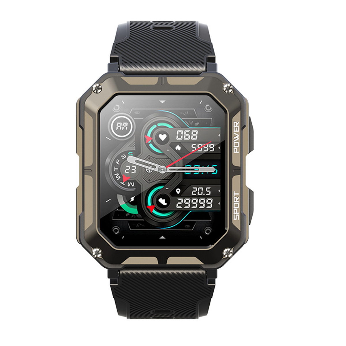 Smartwatch mit schwarzen und olivgrünen Akzenten, zeigt Zeit, Herzfrequenz und andere Statistiken.