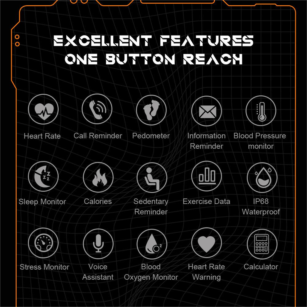 Symbole für die Funktionen einer Smartwatch, einschließlich Herzfrequenz, Schlafüberwachung und anderer Gesundheitsmetriken.