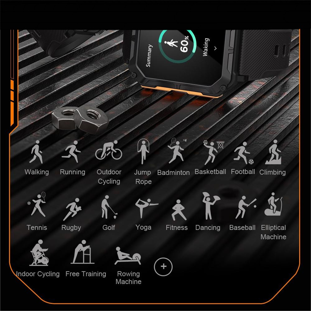 Smartwatch-Bildschirm, der Aktivitätsdaten anzeigt. Symbole für verschiedene Sportarten darunter, wie Gehen, Laufen, Radfahren usw.