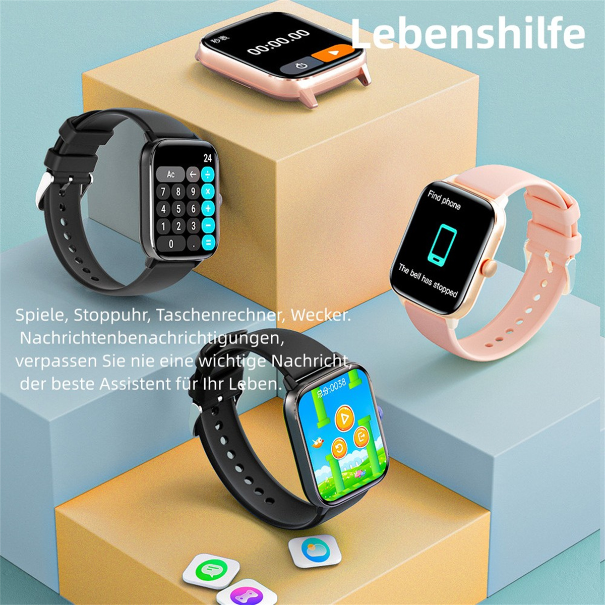 Smartwatches mit mehreren Bildschirmen, einer zeigt die Uhrzeit, Taschenrechner und Apps. Anderer zeigt eine Benachrichtigung.