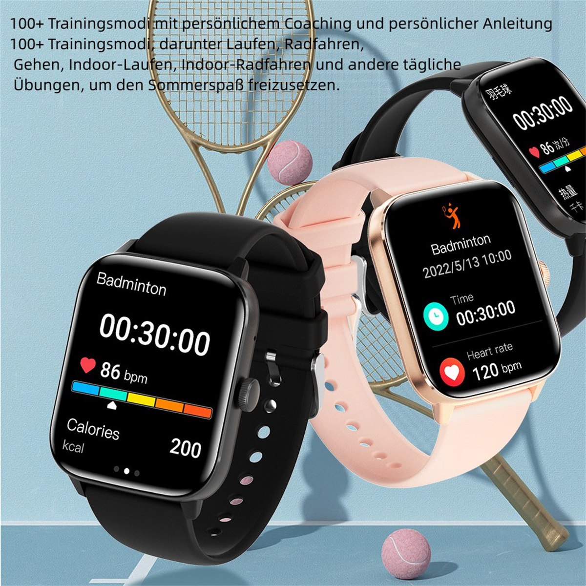 Smartwatches mit Sportdaten, Tennisschlägern und -bällen.