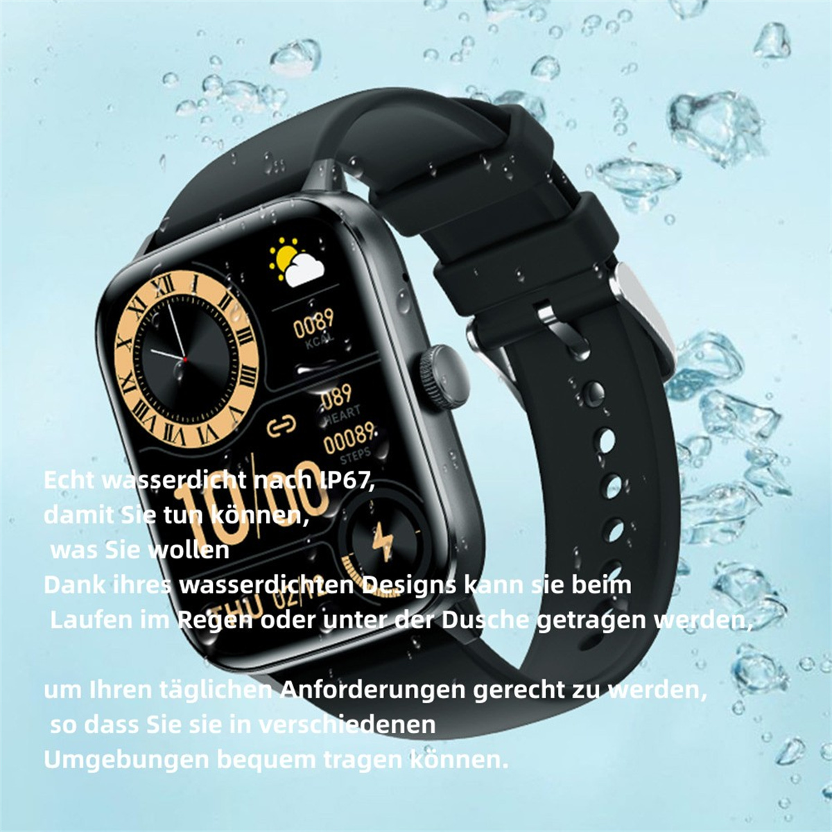 Eine schwarze Smartwatch mit schwarzem Armband, die Zeit, Wetter und Gesundheitsmetriken anzeigt.