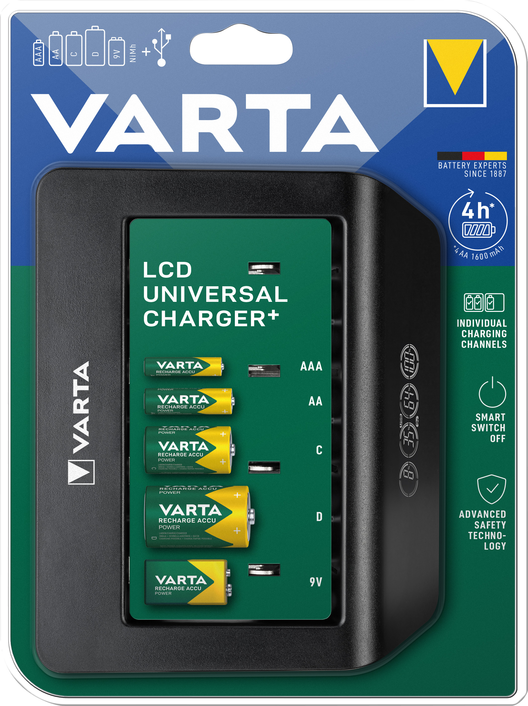VARTA Ladegerät LCD NiMH, Akku Charger+ Grau verschiedene Ladegerät Universal für Größen Universal