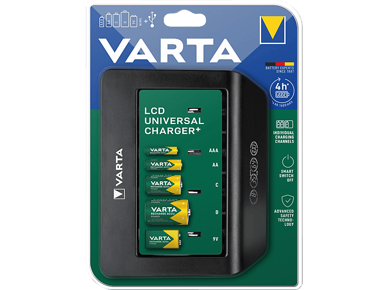 VARTA Ladegerät LCD Universal Charger+ für verschiedene Akku Größen Ladegerät Universal, NiMH, Grau