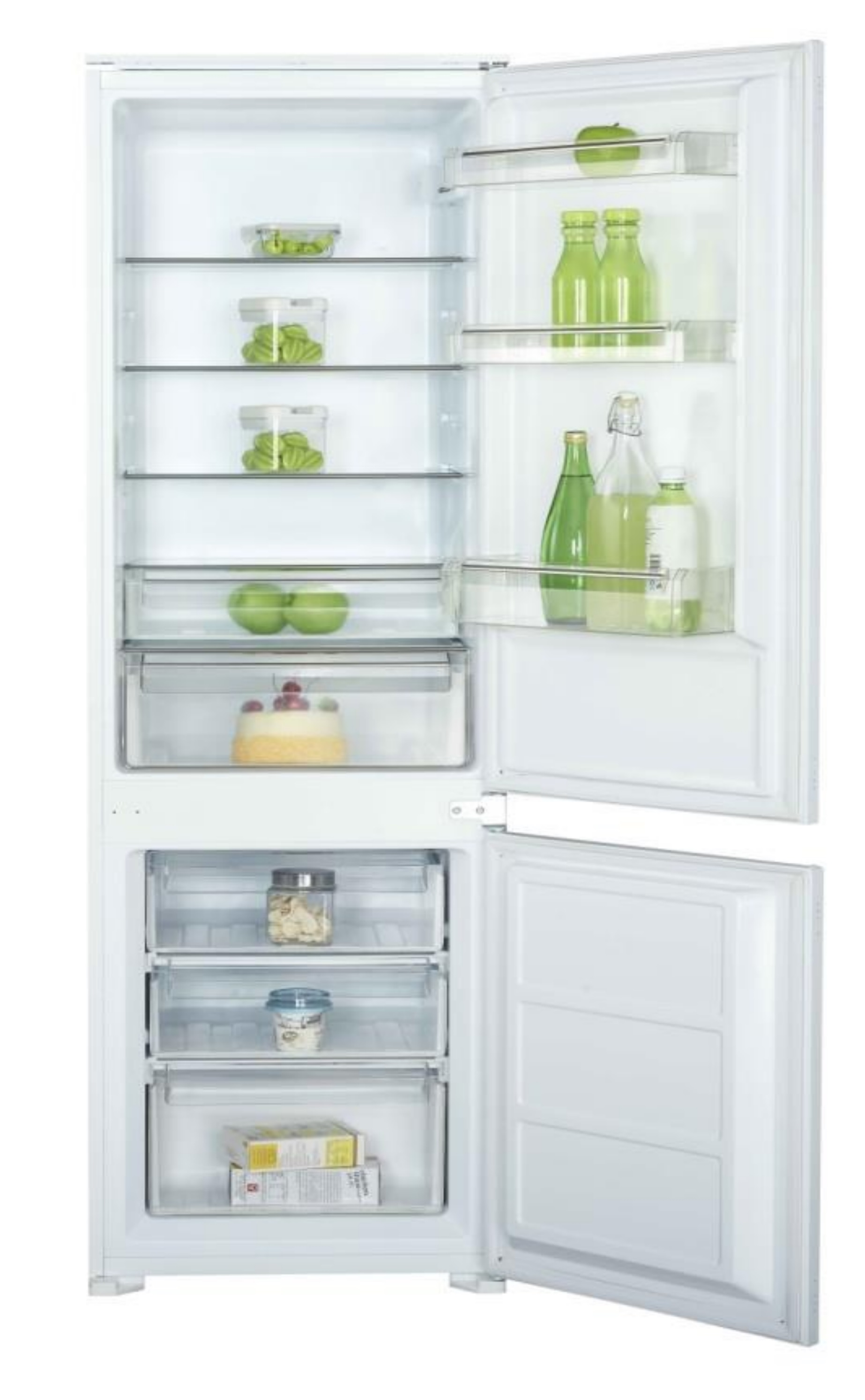 Ein weißer Kühlschrank mit geöffneten Türen, der Regale mit Lebensmitteln zeigt.