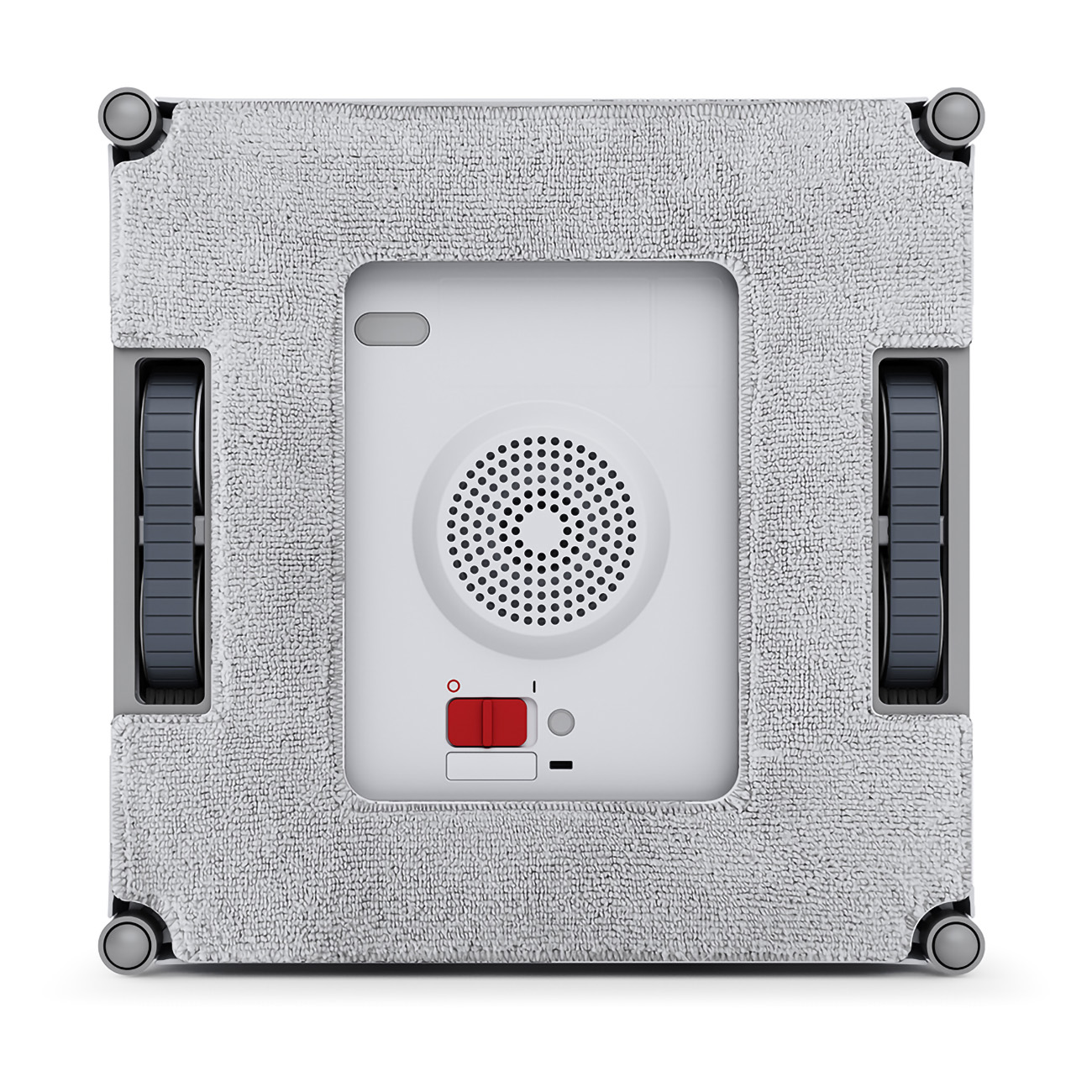 Roboter-Fensterreiniger, quadratisch, mit zwei Rädern und einem Reinigungspad. Roter Knopf sichtbar.
