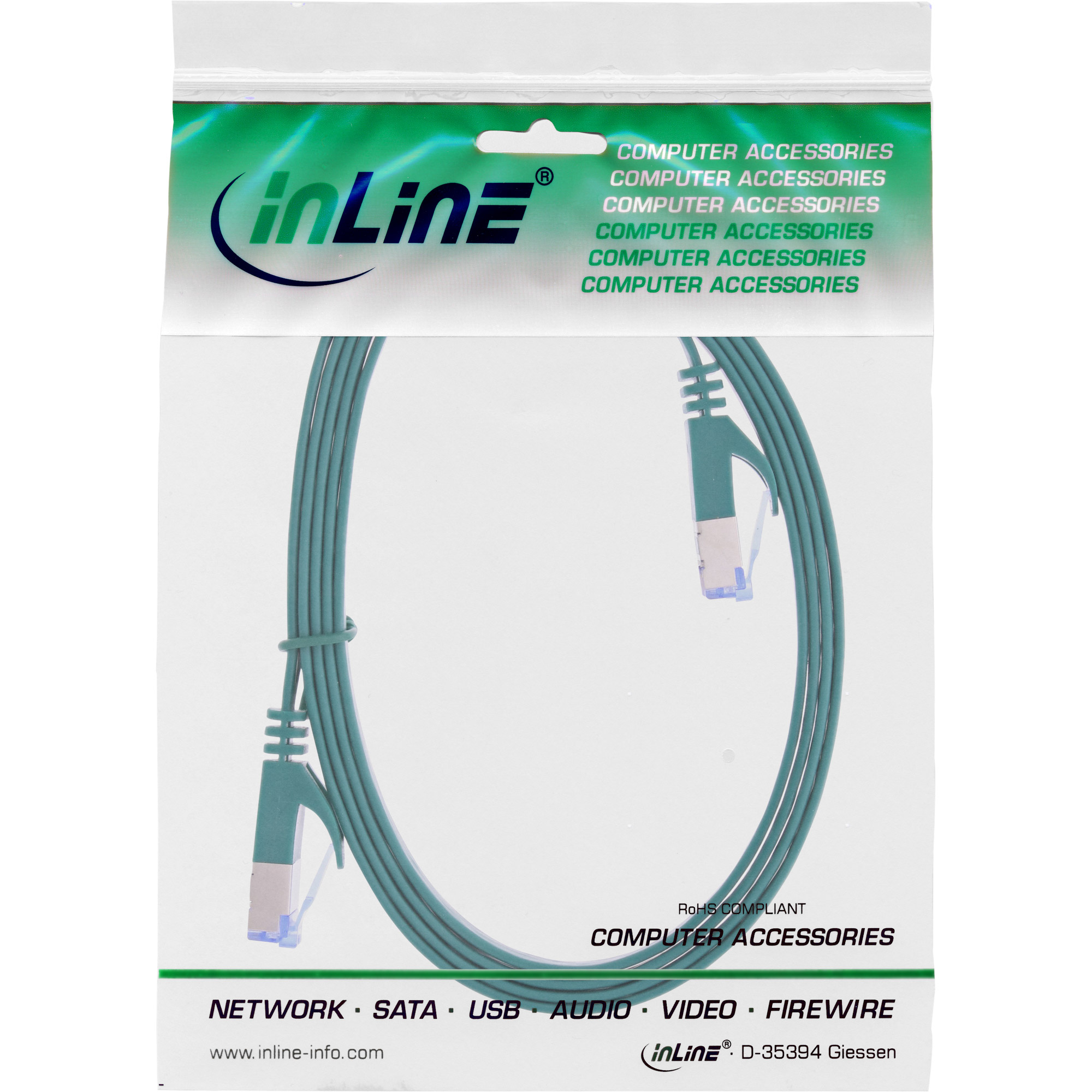 Cavo di rete verde in un sacchetto di plastica con marchio 'inLine' e informazioni sul prodotto.