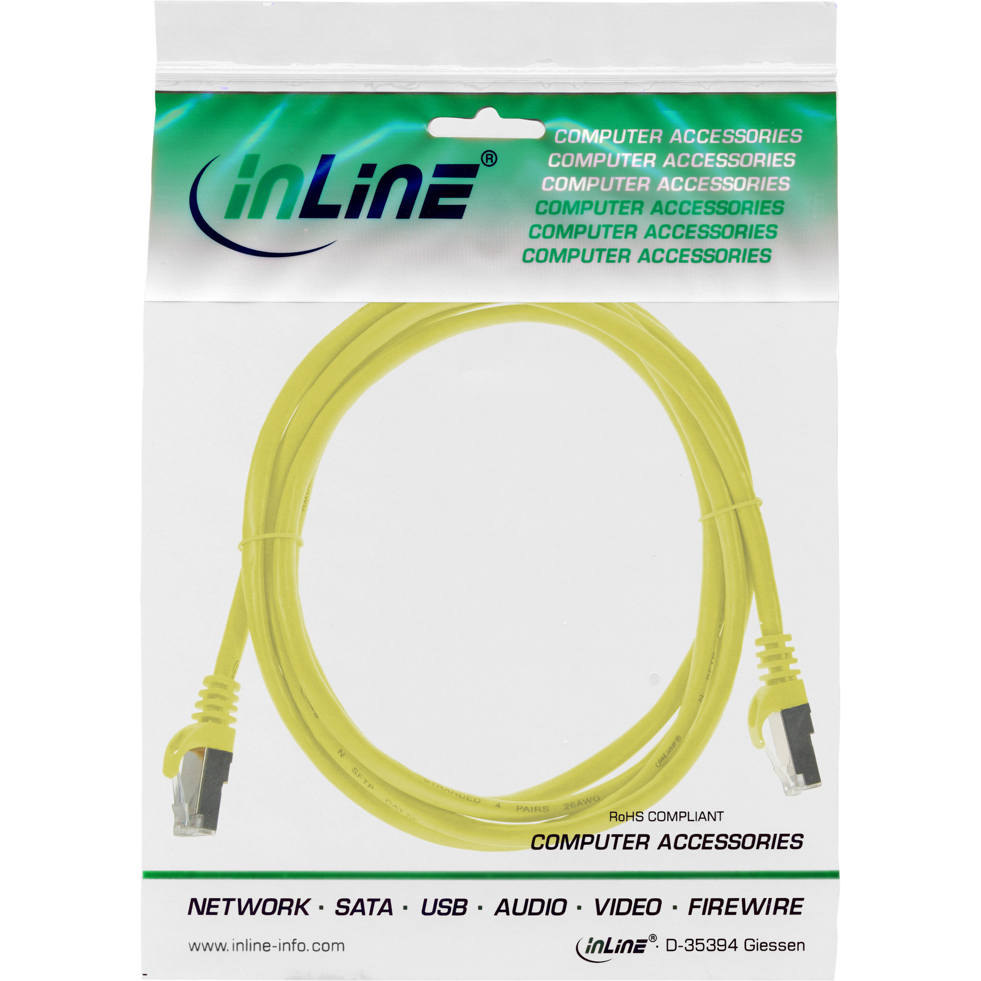 Gelbes Netzwerkkabel in einer Plastiktüte. Text lautet: Computerzubehör.