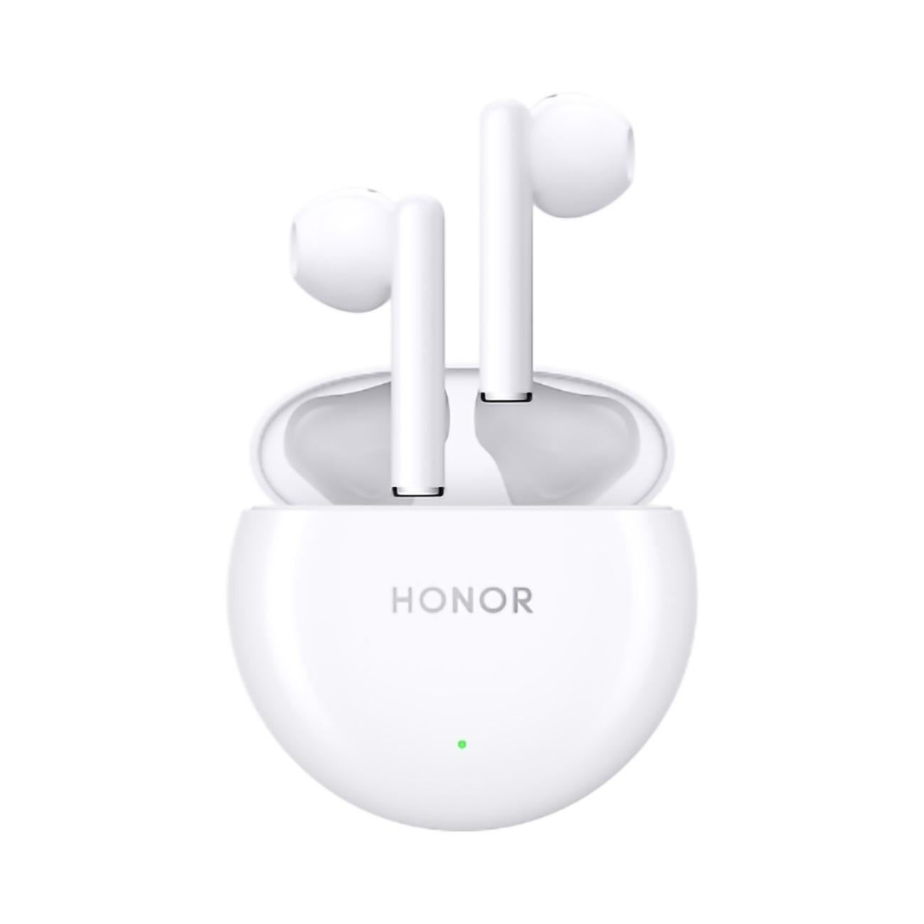 Auricolari HONOR bianchi in una custodia di ricarica bianca.