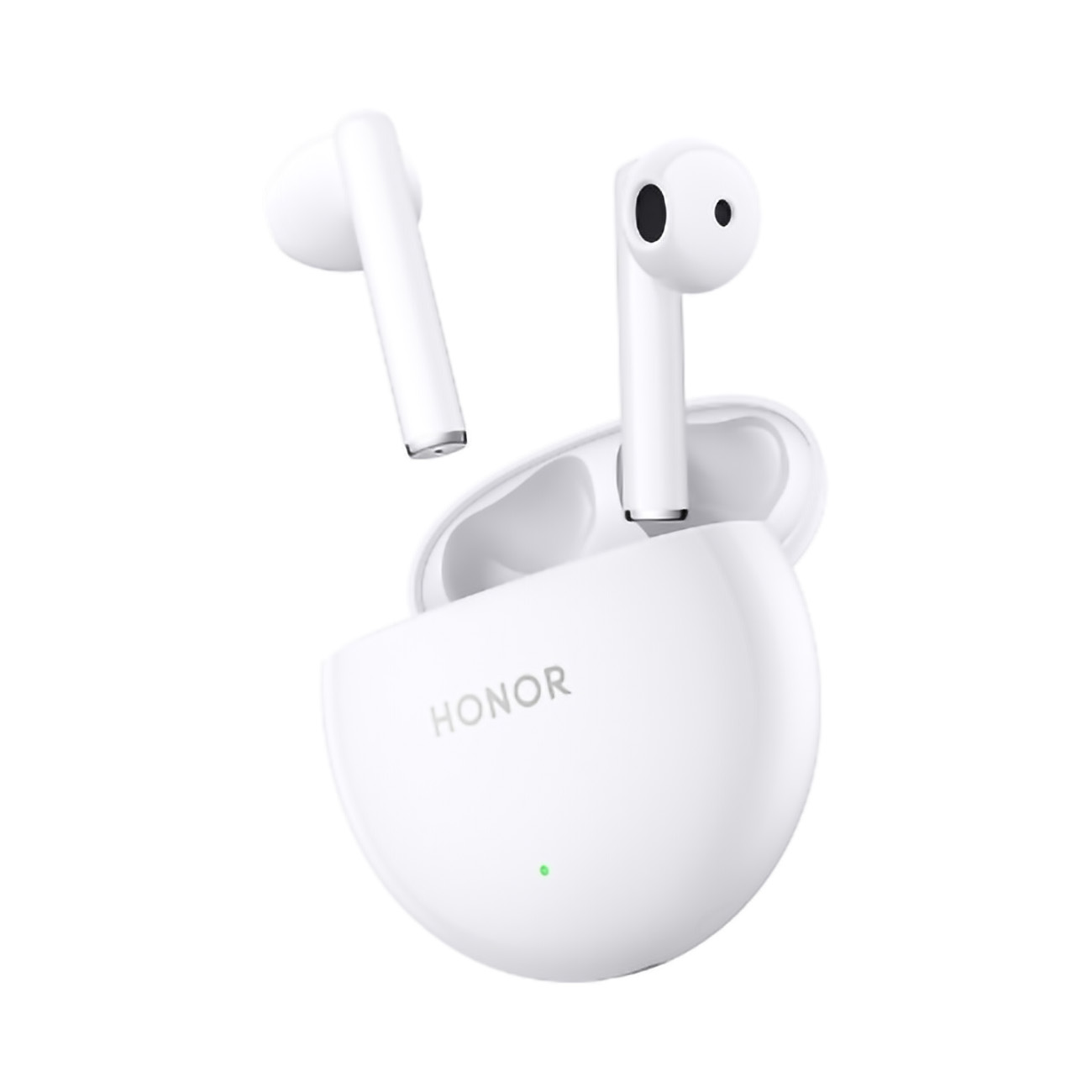 Auricolari HONOR bianchi e custodia di ricarica, un auricolare separato.