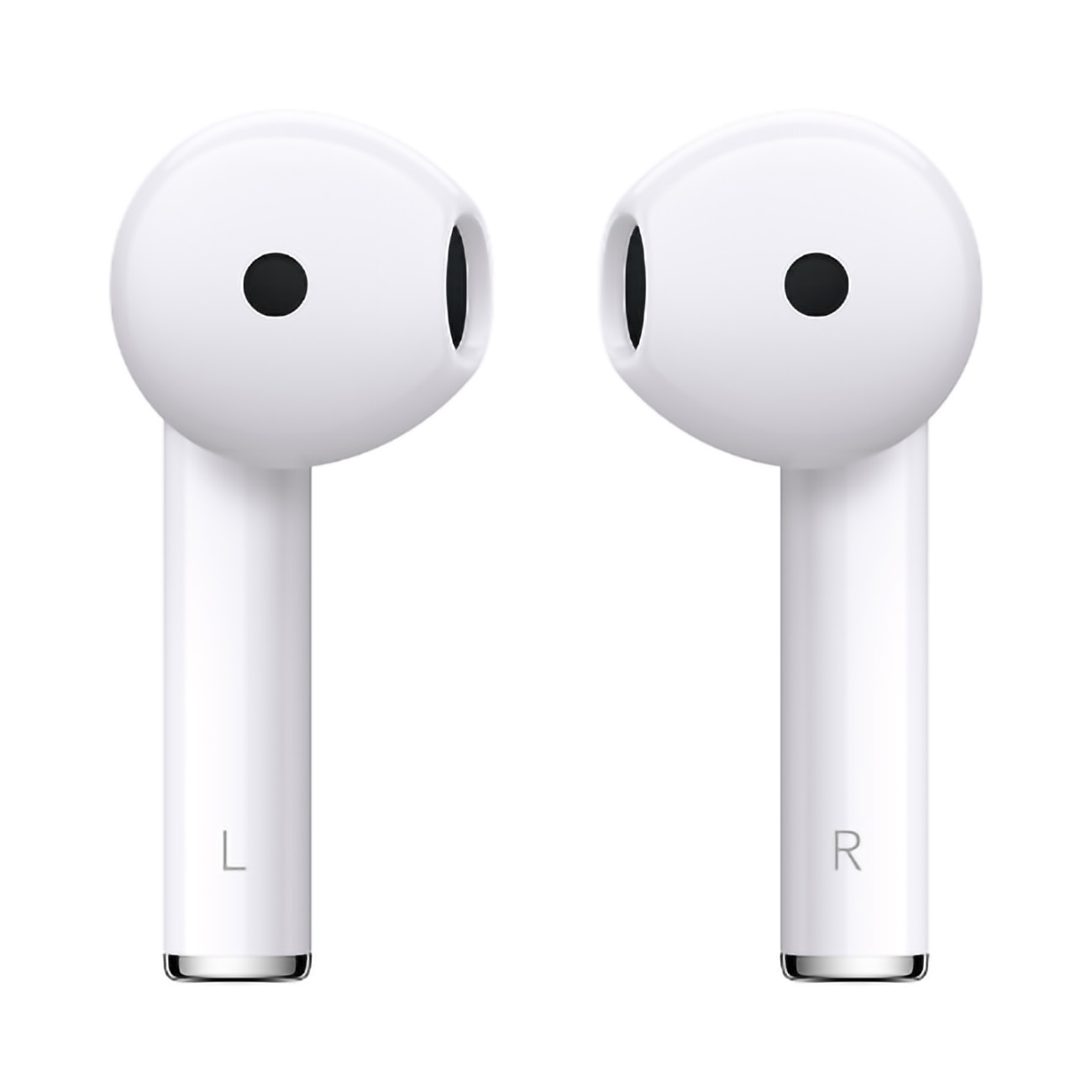 Due auricolari wireless bianchi con etichette 'L' e 'R'.