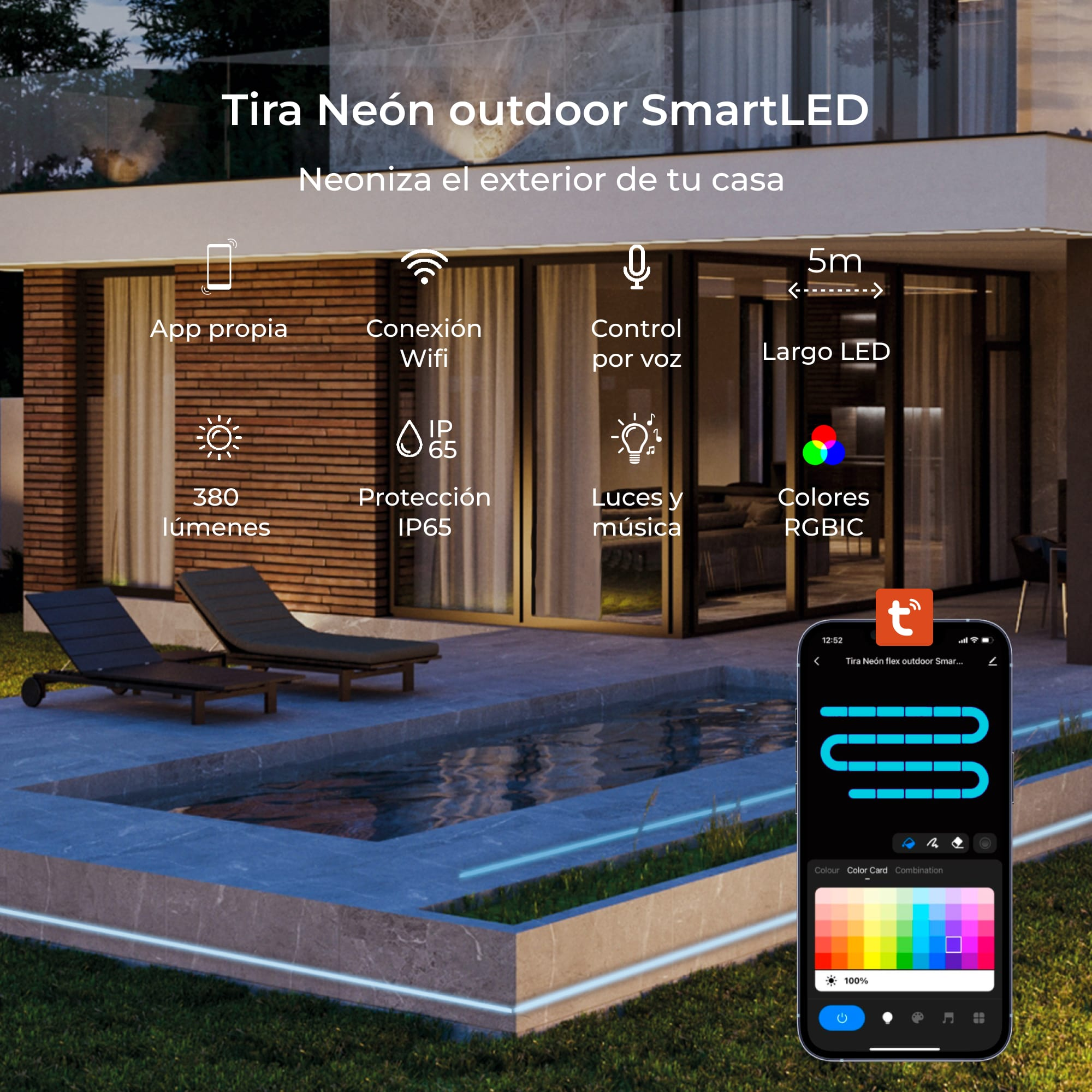 Luces de neón LED Smart para exterior con app, WiFi, control por voz, IP65 y colores RGBIC. Teléfono muestra opciones.