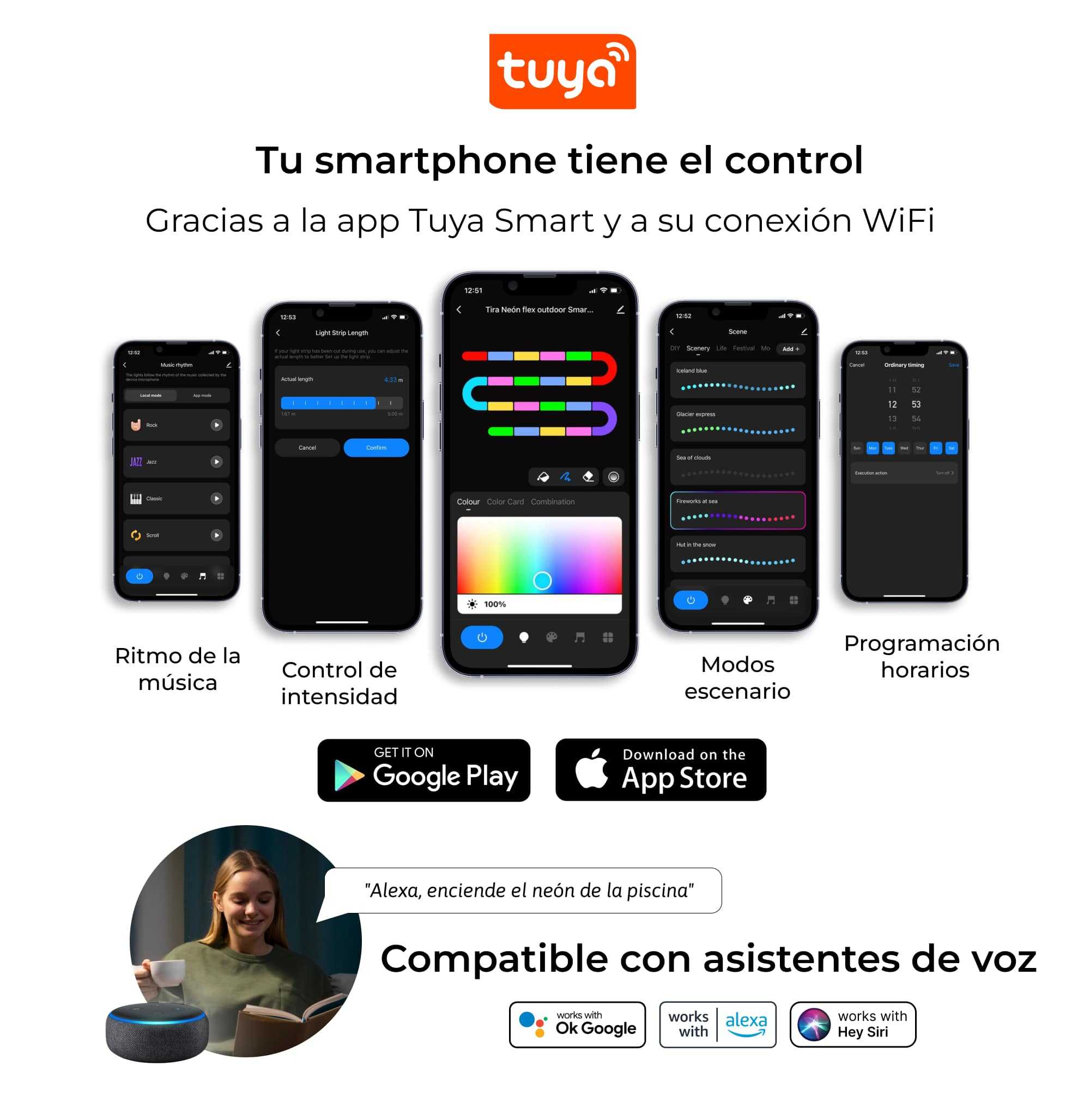 Pantallas con funciones de la app: música, intensidad, color, modos de escena y horario. Logos de Google y Apple.