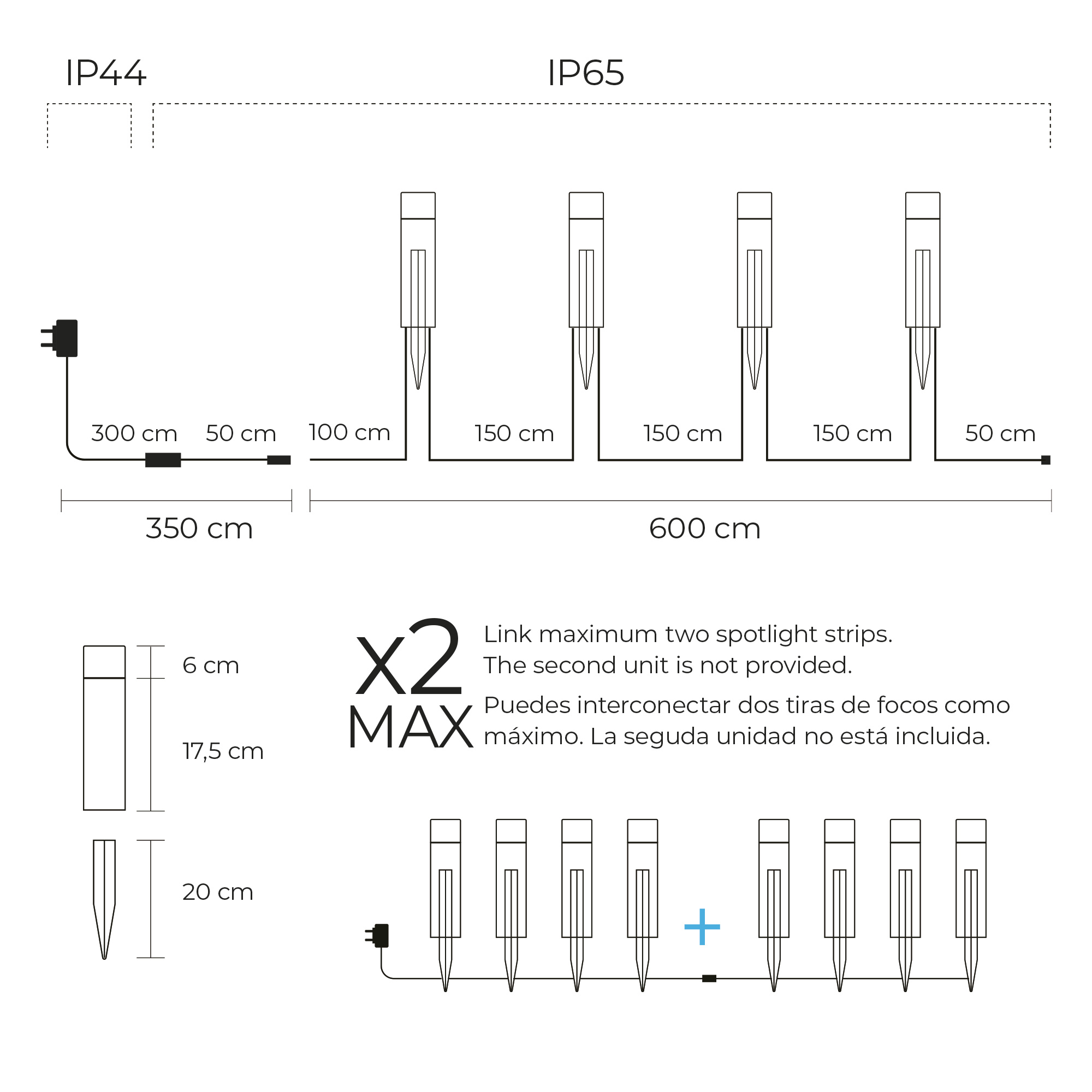 Diagrama de luces exteriores con dimensiones y especificaciones técnicas.