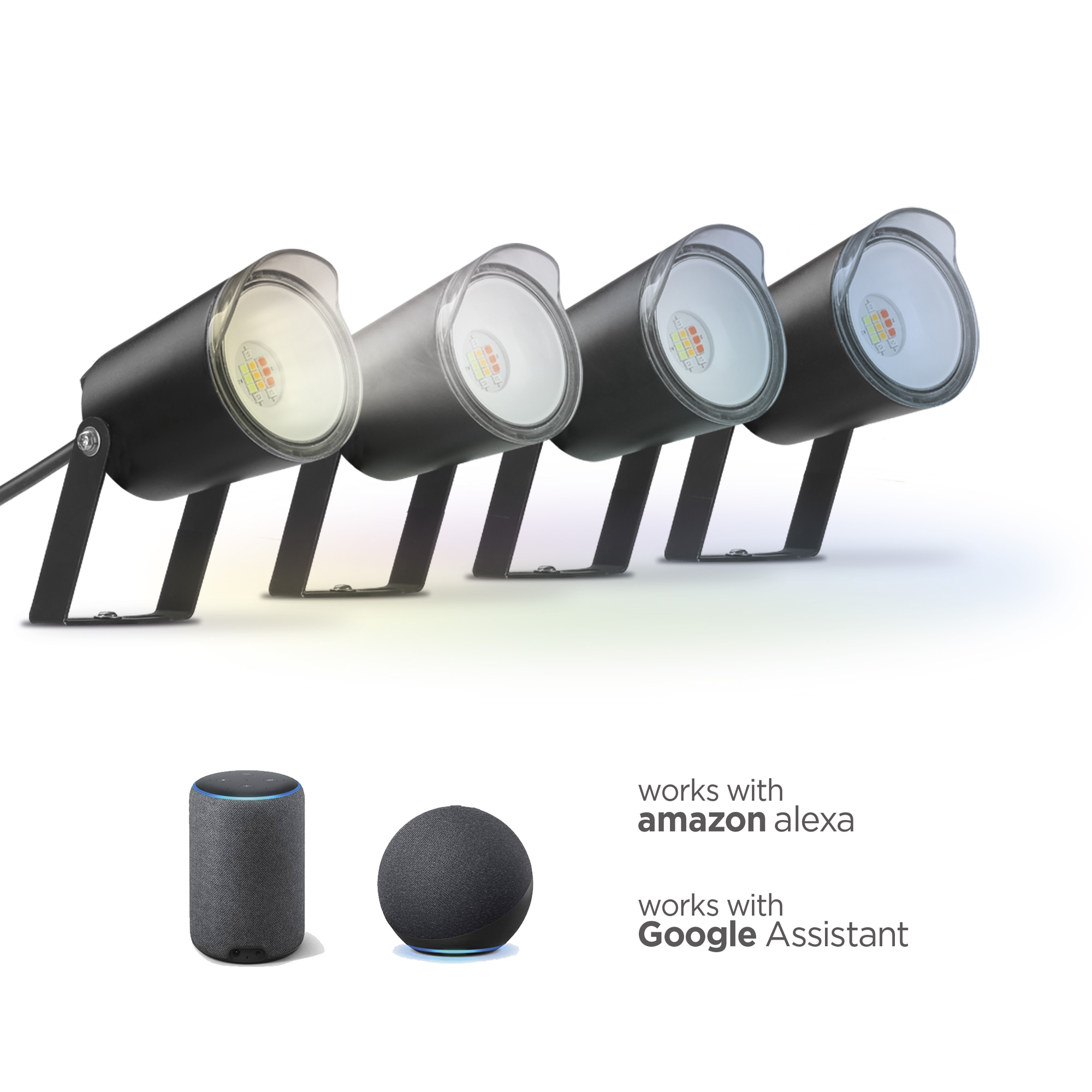 Cuatro focos negros con diferentes salidas de luz. Texto: funciona con Amazon Alexa, Google Assistant.