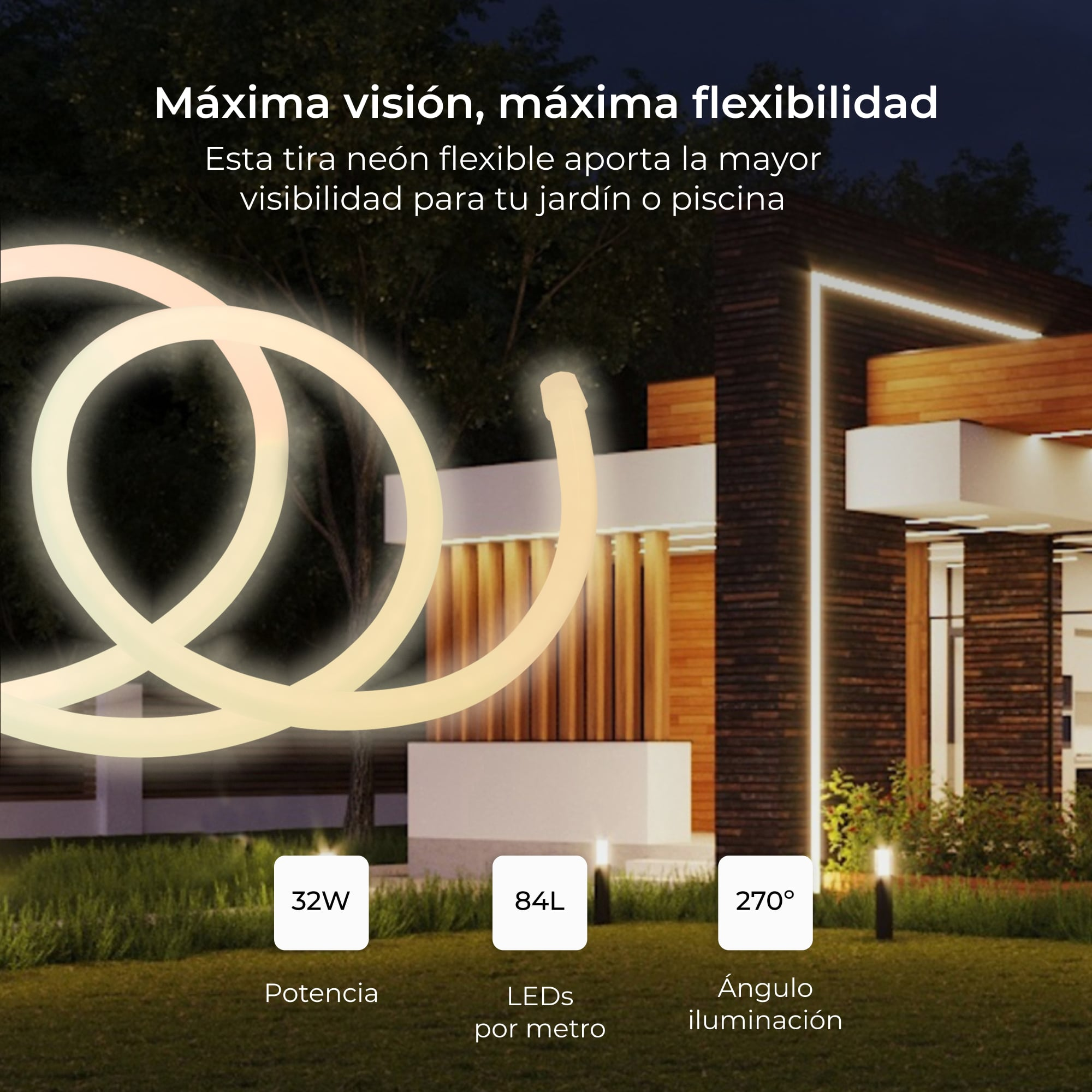 Tira de luz de neón que se enrolla sobre un fondo con una casa y texto sobre sus características.