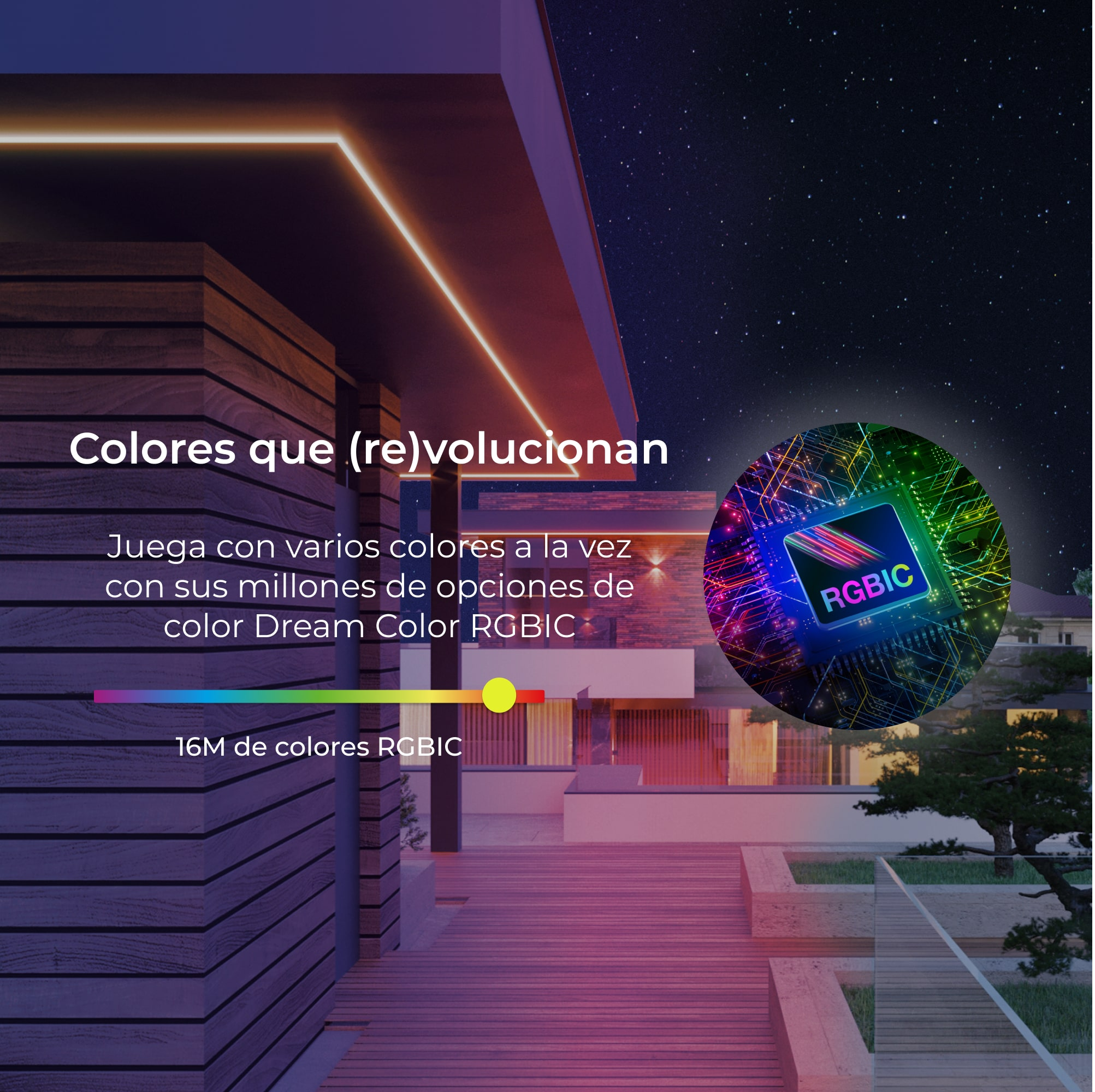 Edificio moderno con luces coloridas en la fachada, texto y un gráfico.