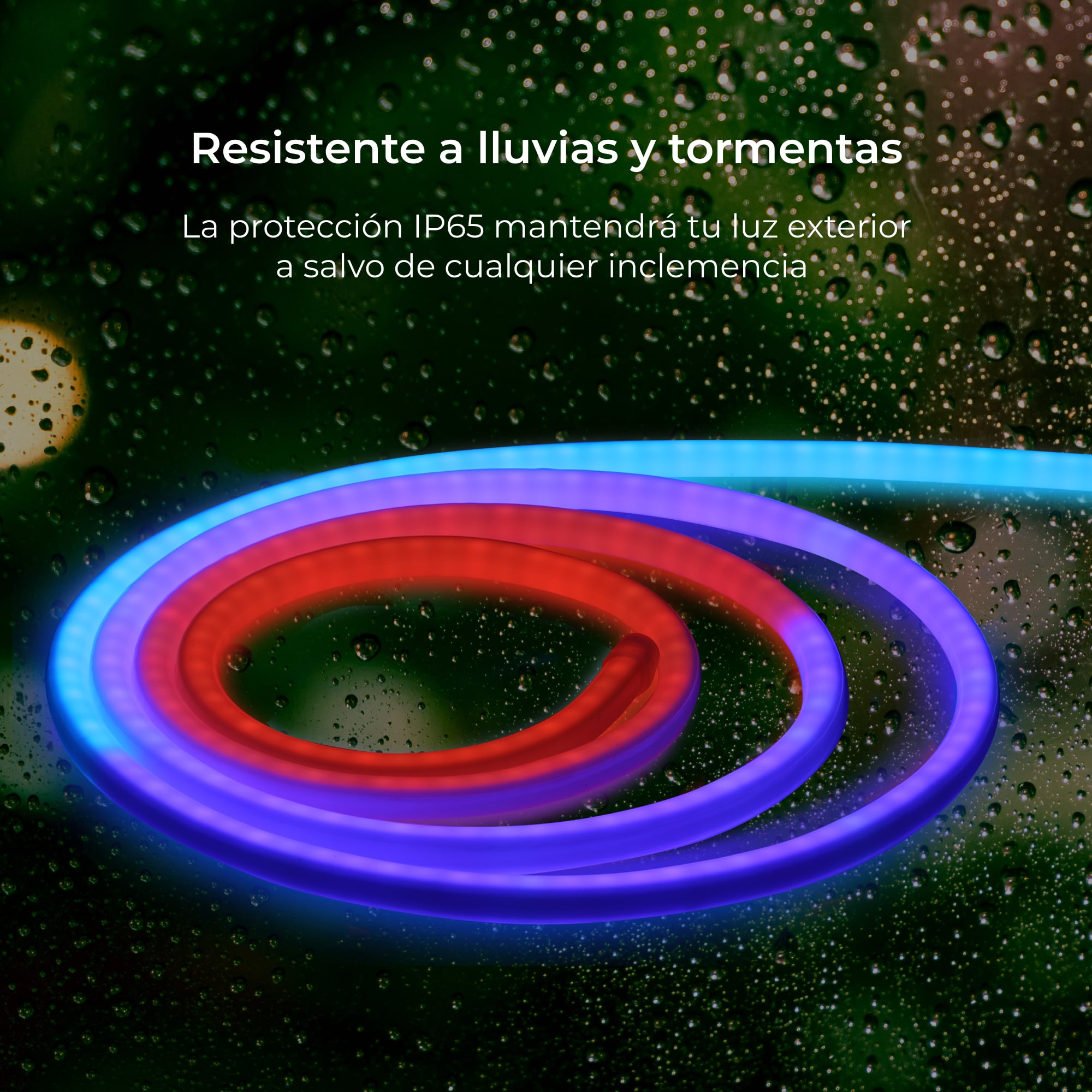 Tubo de luz de neón azul y rojo en una ventana lluviosa. La luz tiene forma de espiral.