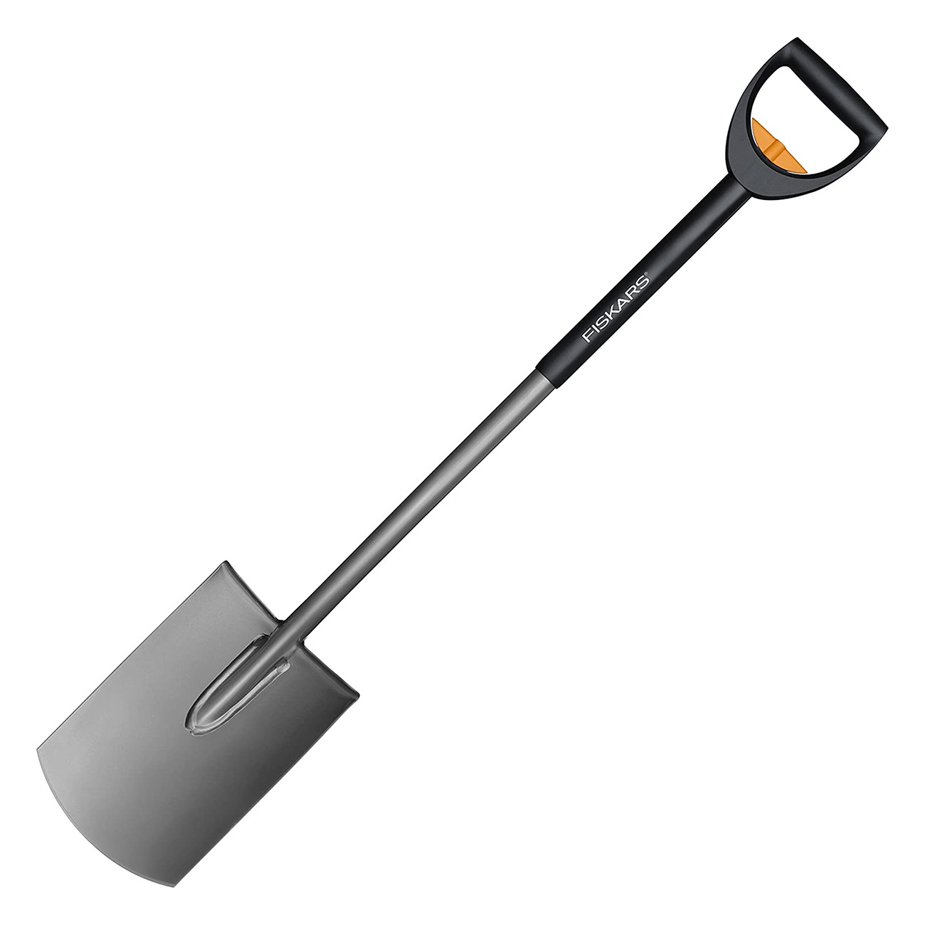 Schwarze und silberne Fiskars-Schaufel. Der Griff hat eine D-Form.