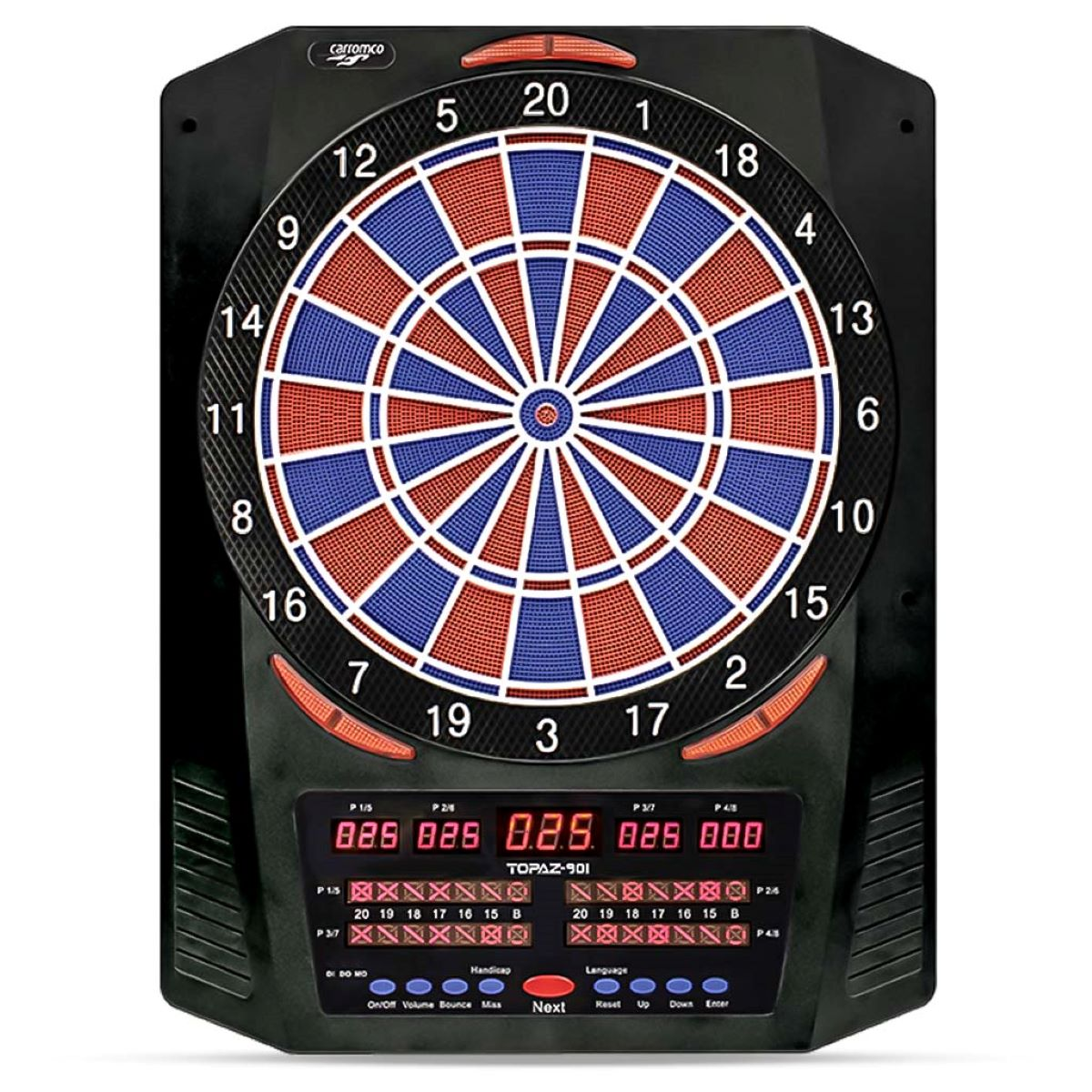 Bersaglio elettronico per freccette, nero con dettagli rossi e blu, che mostra punteggi e informazioni di gioco.