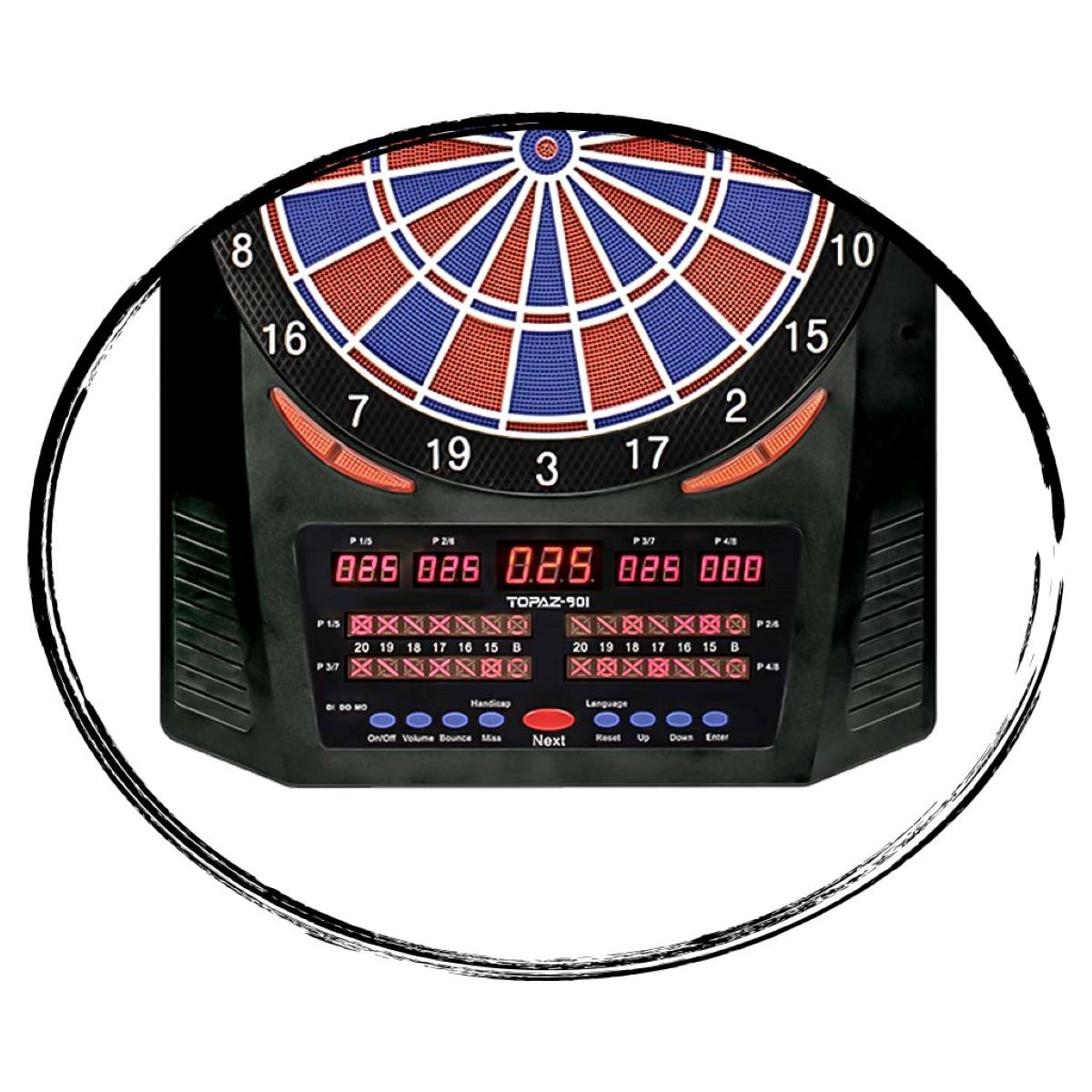 Bersaglio per freccette nero con display digitale e numeri, in una cornice circolare.