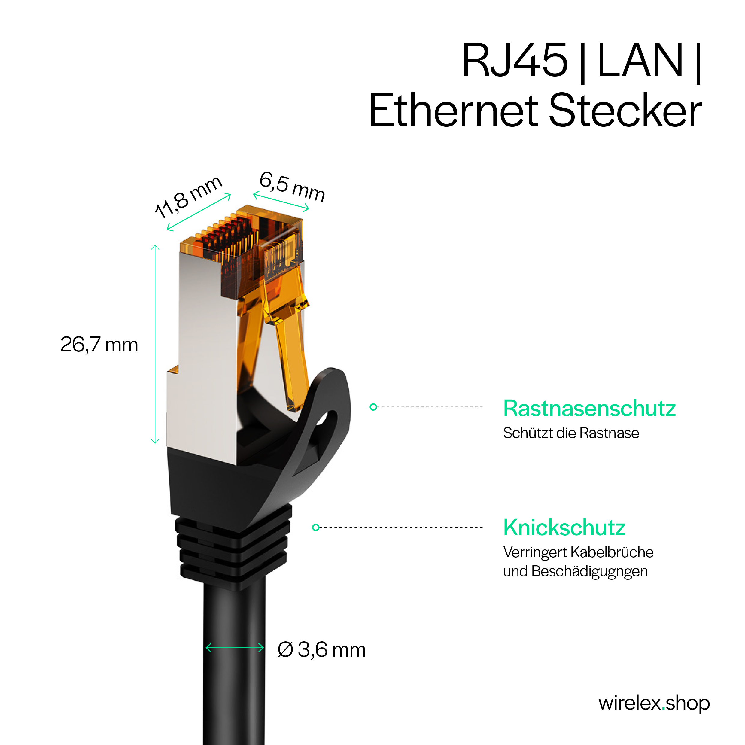 Złącze Ethernet RJ45 z wymiarami i etykietami ochronnymi.