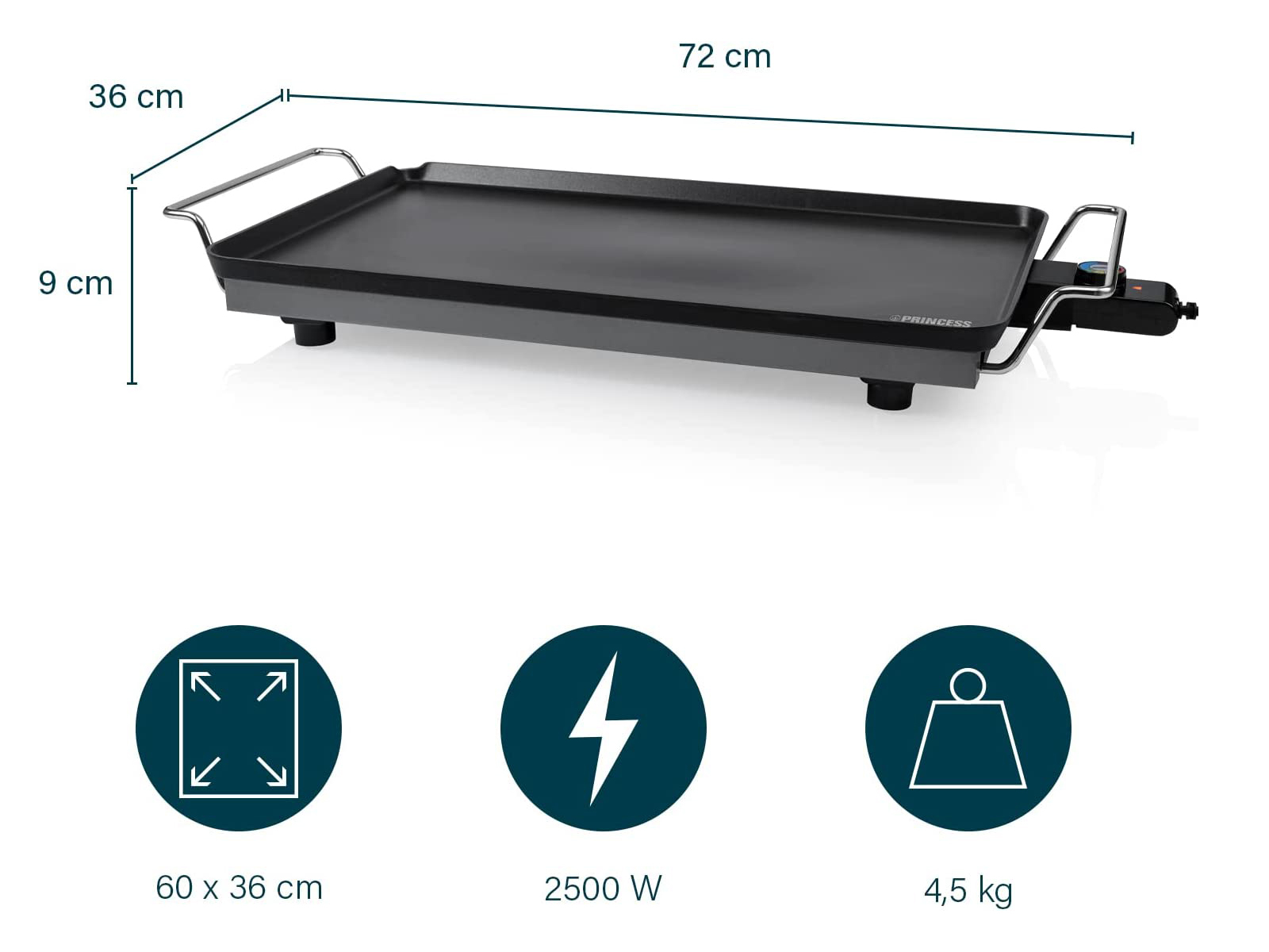 Schwarze Grillplatte mit Griffen. Text: 72cm, 36cm, 9cm, 60x36 cm, 2500 W, 4,5 kg. Weißer Hintergrund.