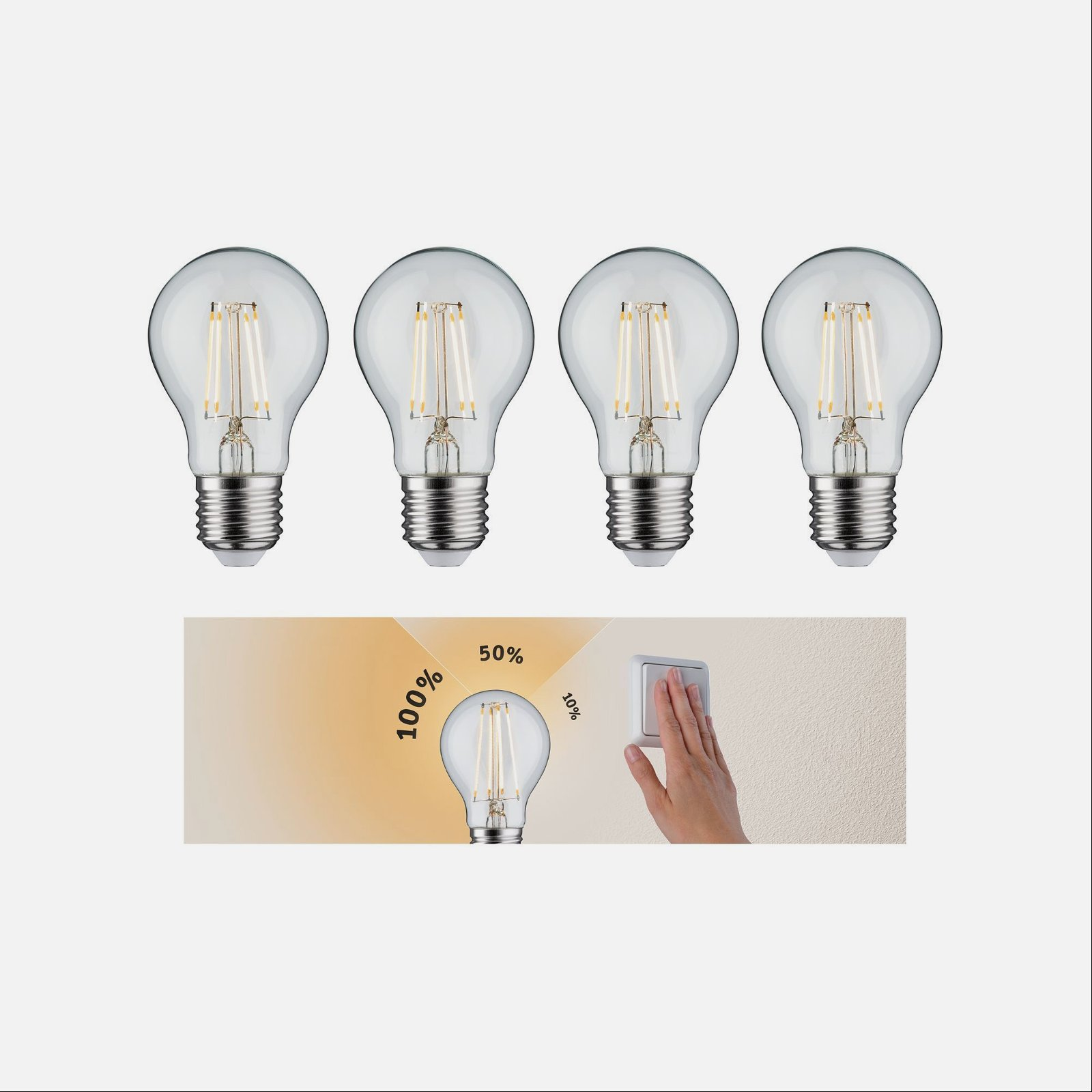 Cztery żarówki i włącznik światła z dotykającą go dłonią. Wyświetlane poziomy natężenia światła.