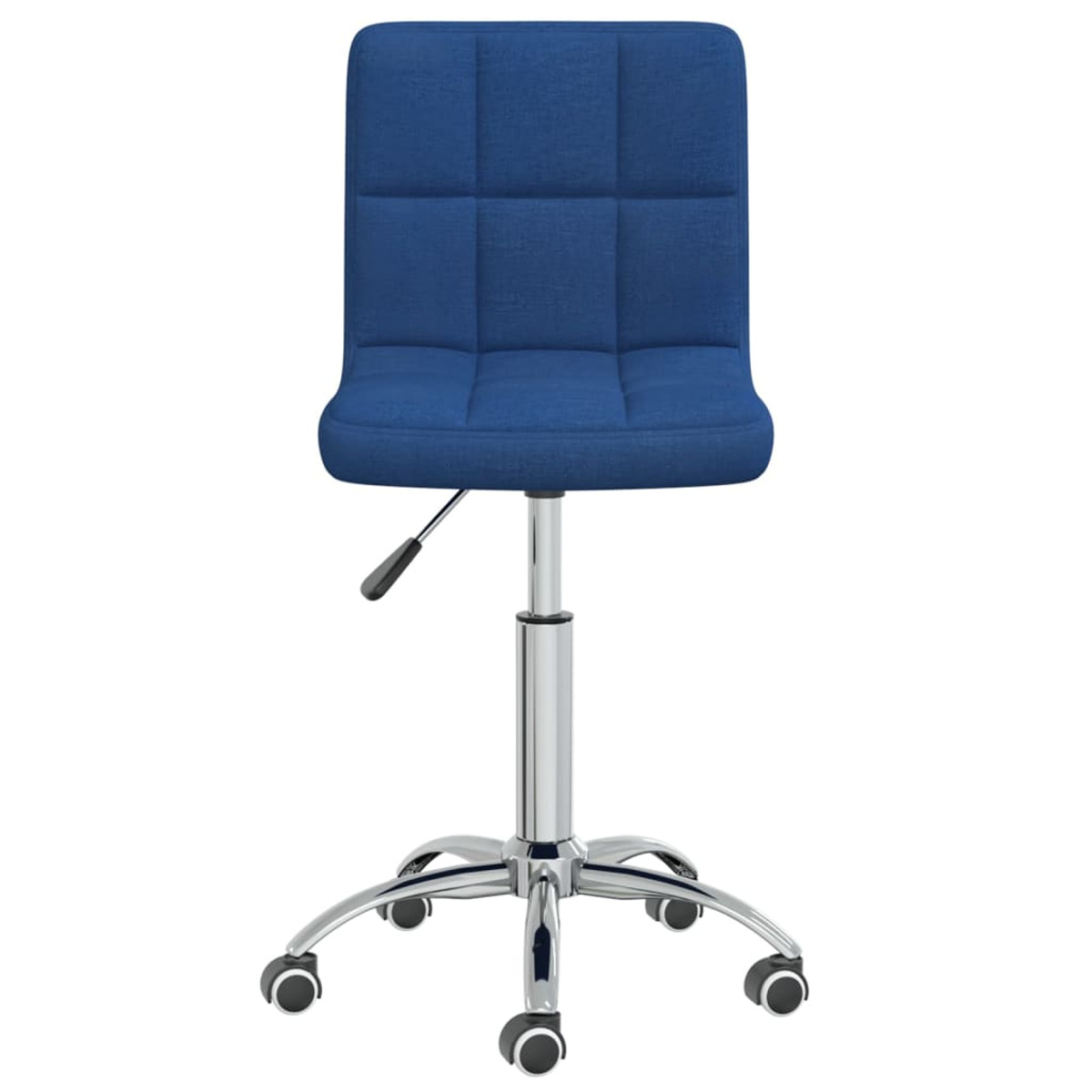 Blauer Stoff-Bürostuhl. Chrombeine. Der Rücken ist quadratisch und hat ein gestepptes Design.