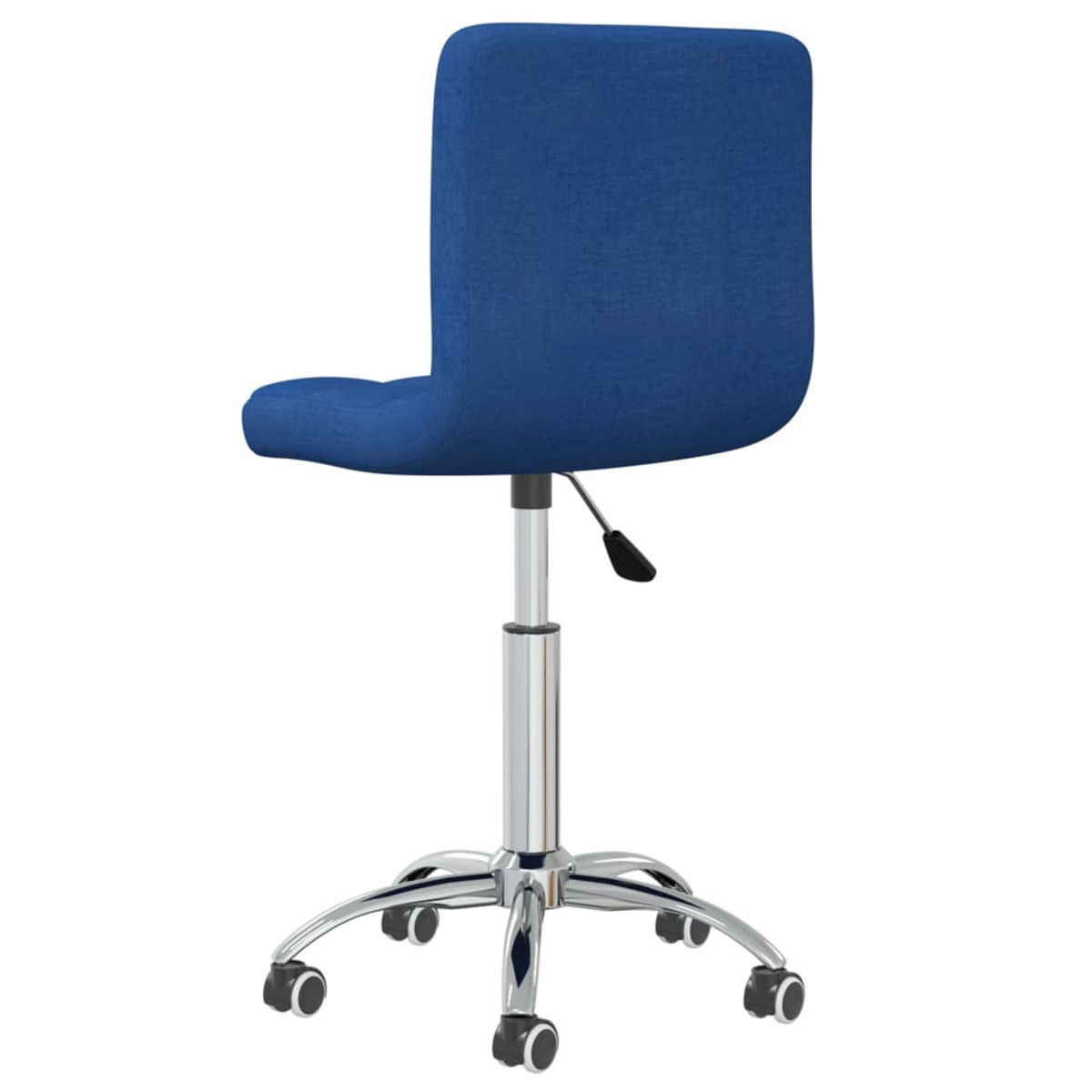 Rückansicht eines blauen Bürostuhls mit quadratischem, gestepptem Rücken. Chrombeine und -gestell. Weißer Hintergrund.