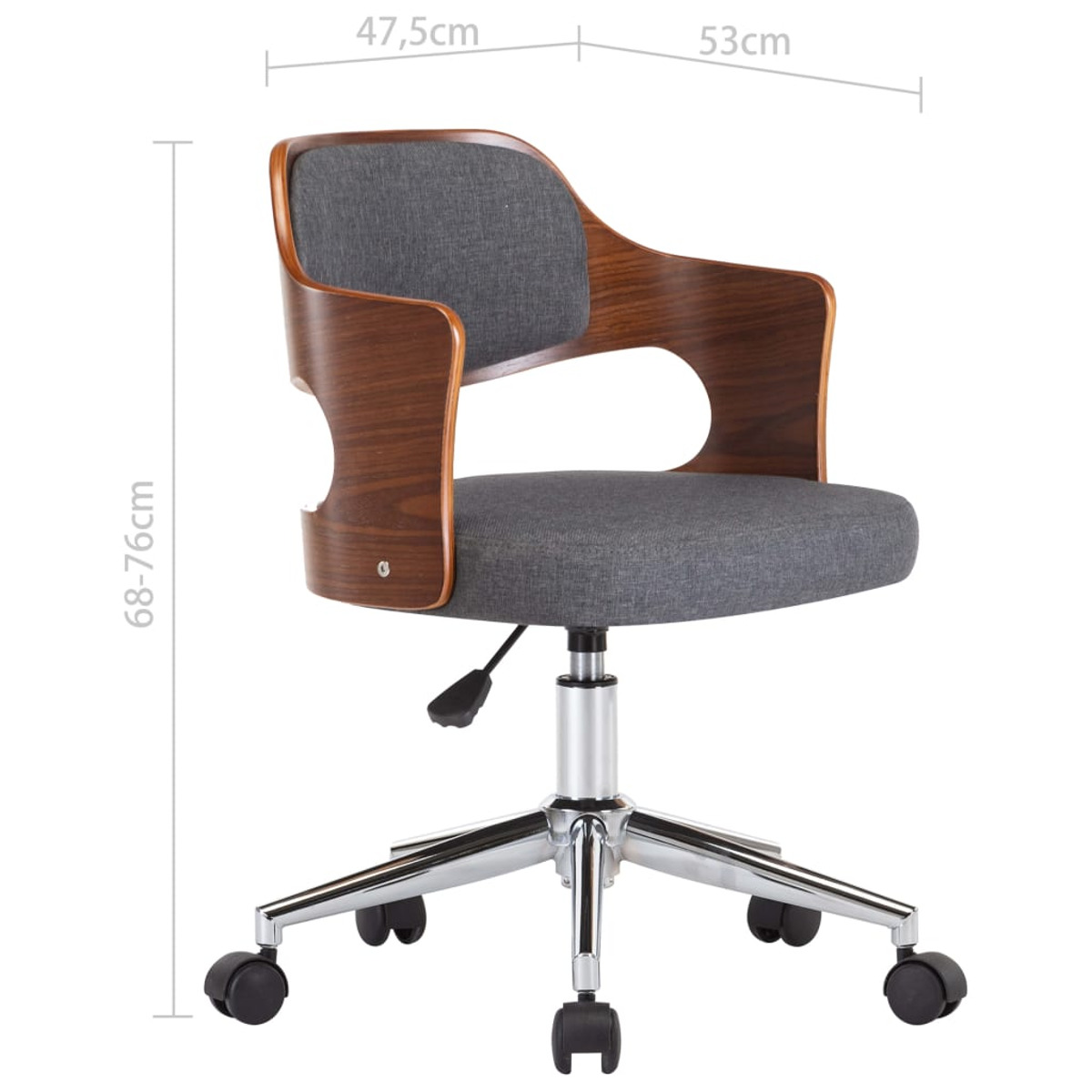 Ein Bürostuhl mit grauem Sitz, Holzrücken und Chromgestell mit Rädern. Abmessungen gezeigt.