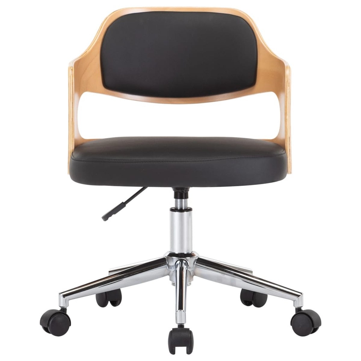 Bürostuhl mit Holzrücken und schwarzem Sitz, Chromfuß und Rollen.