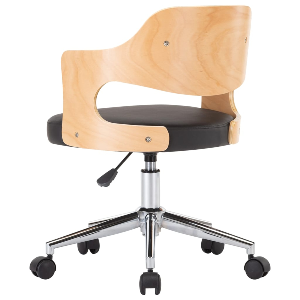 Bürostuhl mit Holzrücken und schwarzem Sitz. Er hat Chrombeine und -rollen.