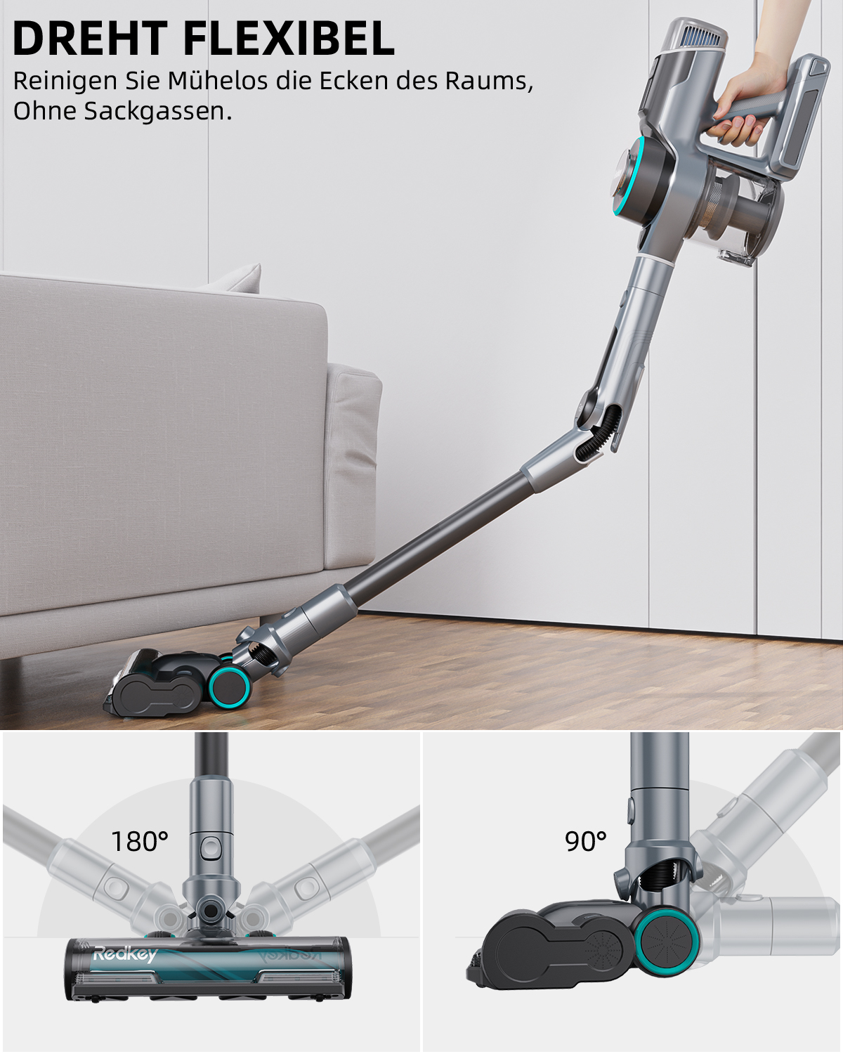 Staubsauger mit flexiblem Kopf, drehbar um 180° und 90° Winkel.