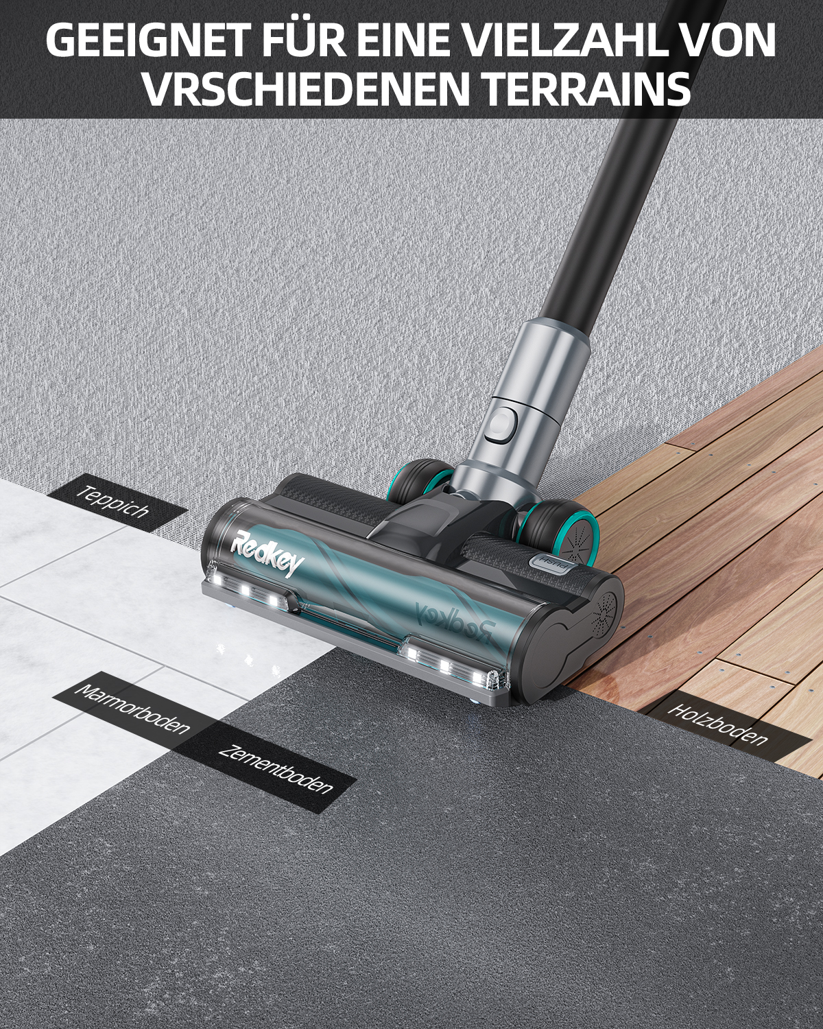Ein Staubsaugerkopf auf verschiedenen Bodenoberflächen: Teppich, Marmor, Zement und Holz.