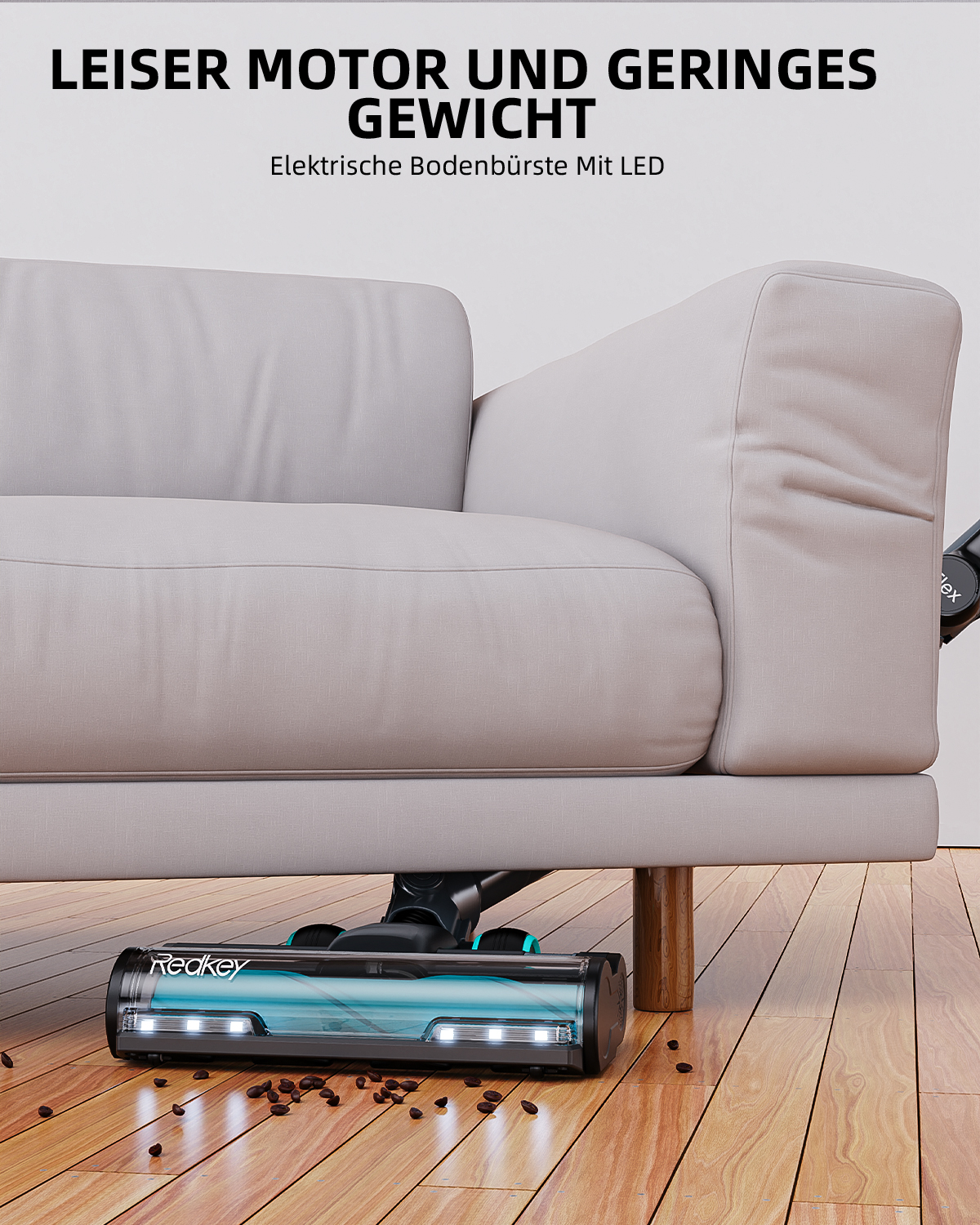 Staubsauger mit Couch im Hintergrund. Text: 'LEISER MOTOR UND GERINGES GEWICHT'.