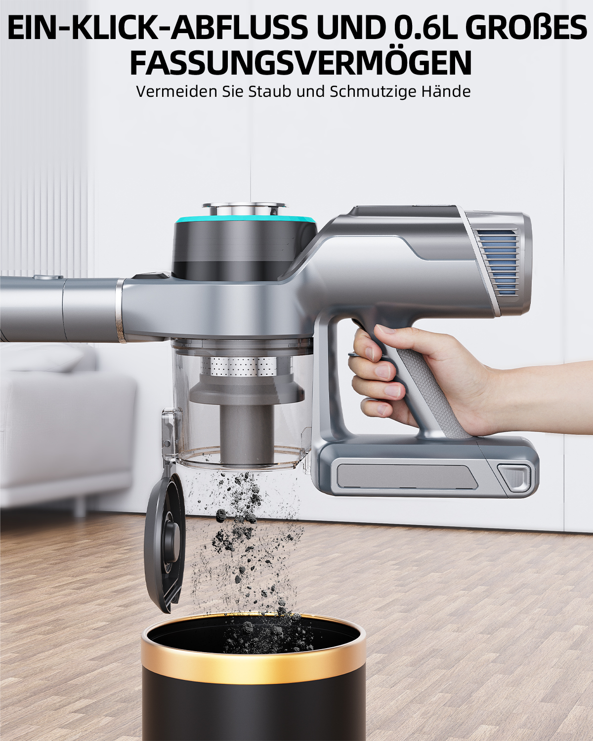 Hand, die einen Staubsauger über einem Mülleimer hält, Staub zeigt und Text.