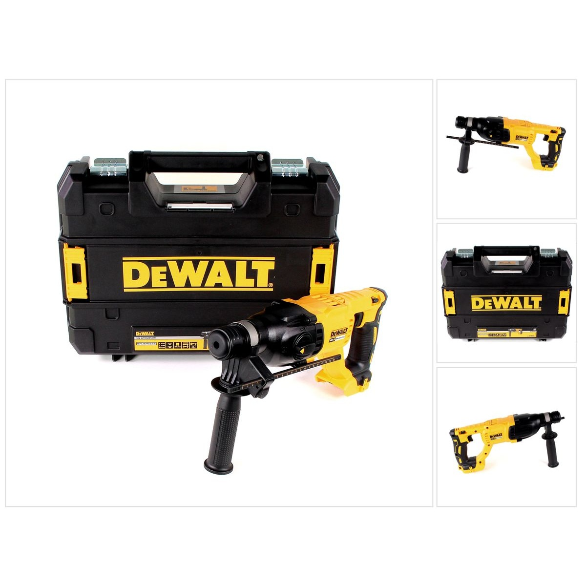 Dewalt-Bohrmaschine in einem schwarz-gelben Koffer, mit weiteren Ansichten.
