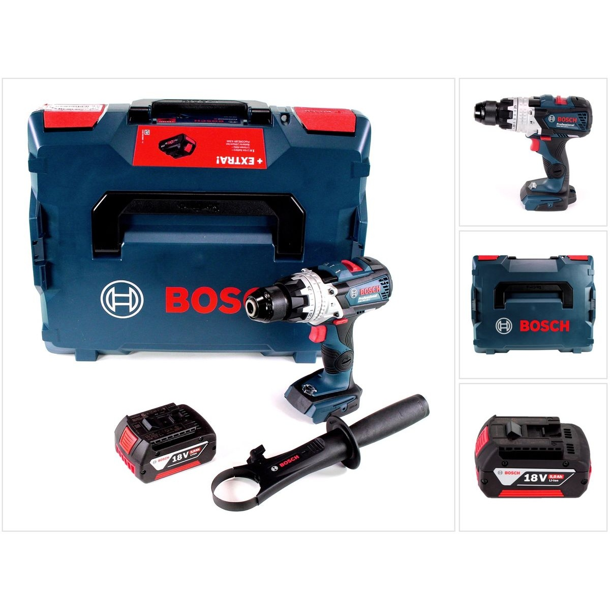 Bosch Bohrmaschine mit Koffer und Zubehör. Schwarz und Blau. Weißer Hintergrund.