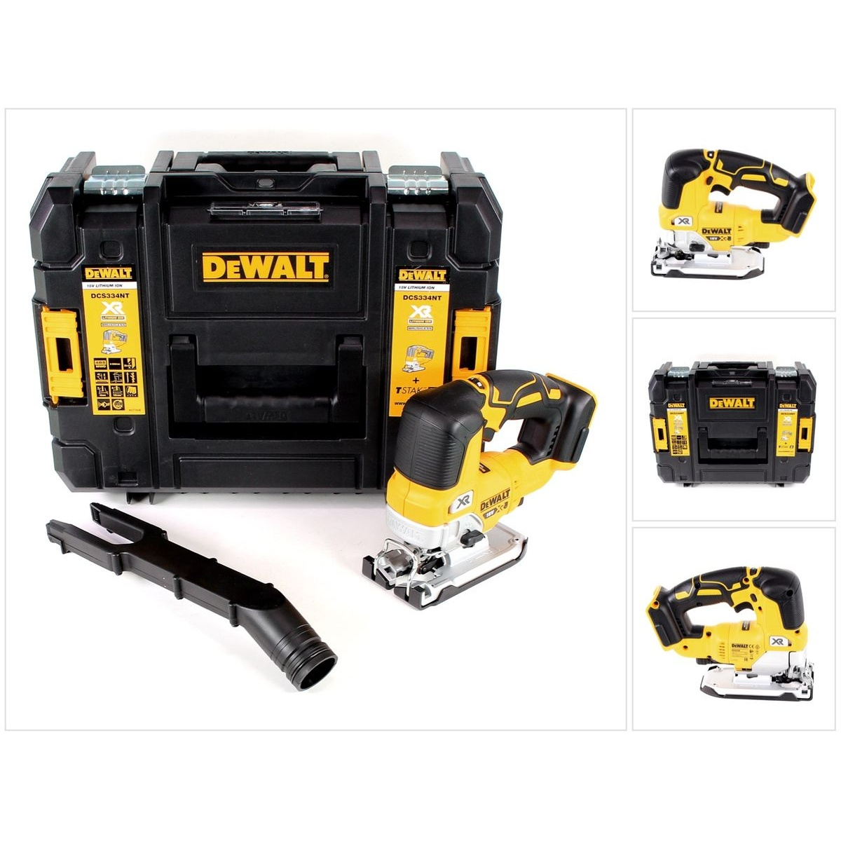 Czarno-żółta wyrzynarka DeWalt i akcesoria w walizce. Wiele widoków.